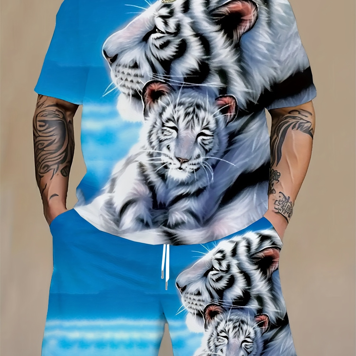 

2pcs Men's Plus Size Casual 3d Tiger Print T-shirt & Shorts Set, Summer Short Sleeve Outfit For Outdoors