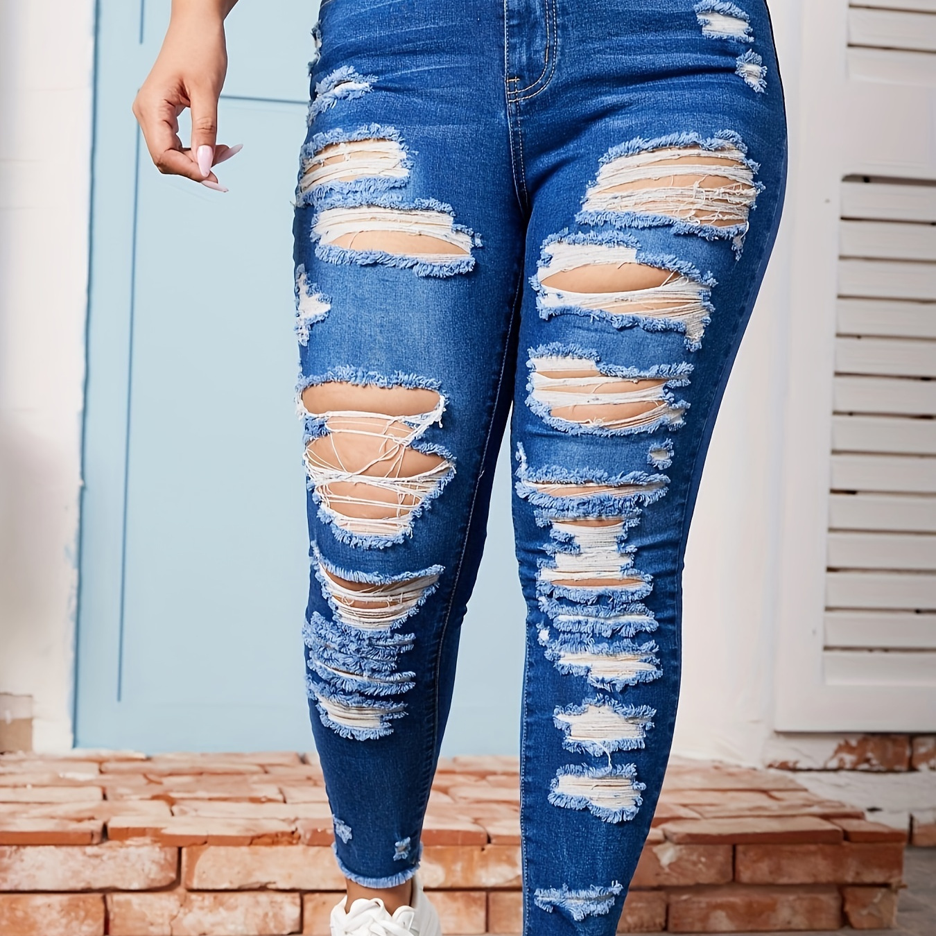 Plus Size Casual Jeans, Women's Plus Solid Button Fly Ripped Fringe Trim High Rise Skinny Jeans