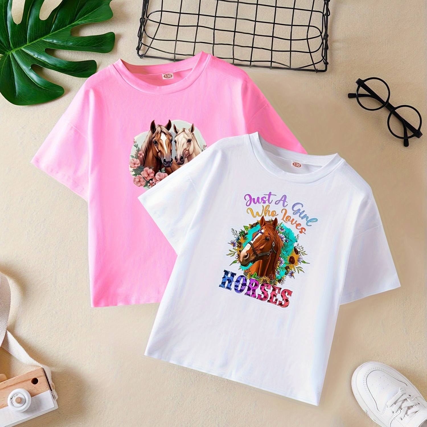 

2pcs Horse Graphic Short Sleeve T-shirt For Girls Summer Sports