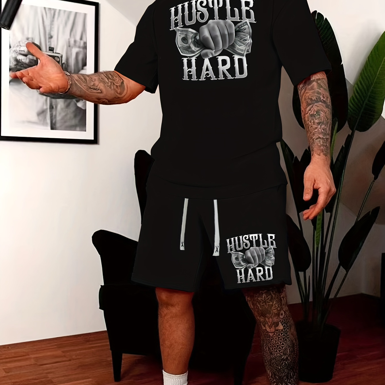 

hustle Hard" Pattern Print Men's 2 Pieces Outfits, Round Neck Short Sleeve T-shirt And Drawstring Shorts Set