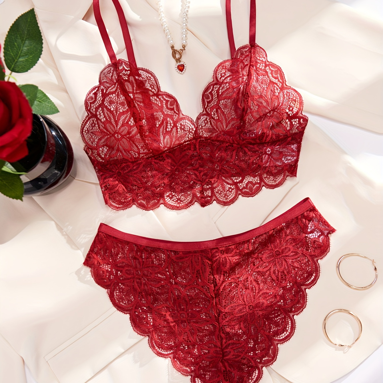 Floral Lace Lingerie Set, Intimates Bra & Panties, Women's Sexy Lingerie &  Underwear