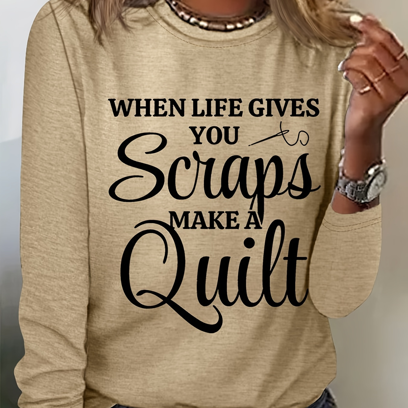 

Letter Neck Tee, Casual Long Sleeve T-shirt For Spring & Fall, Women's Clothing