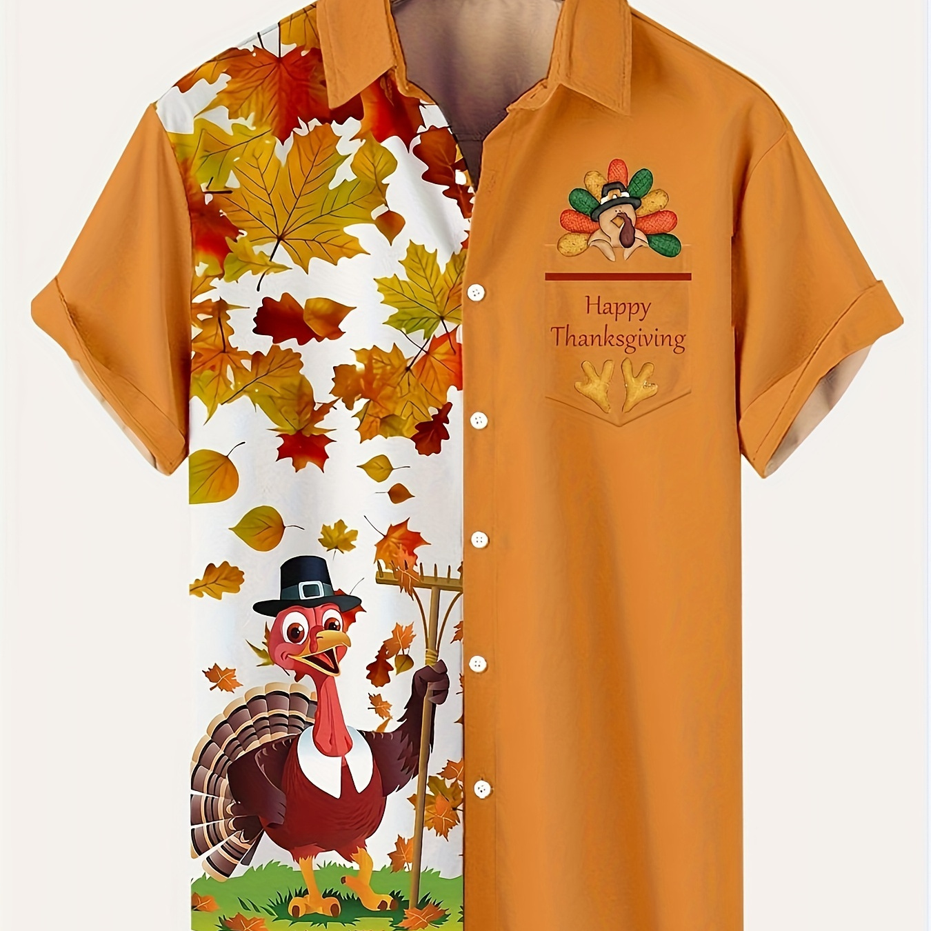 

Men's Thanksgiving Themed Turkey Blocking Short Sleeve Shirt For Summer, Casual Comfy Shirt As Gift