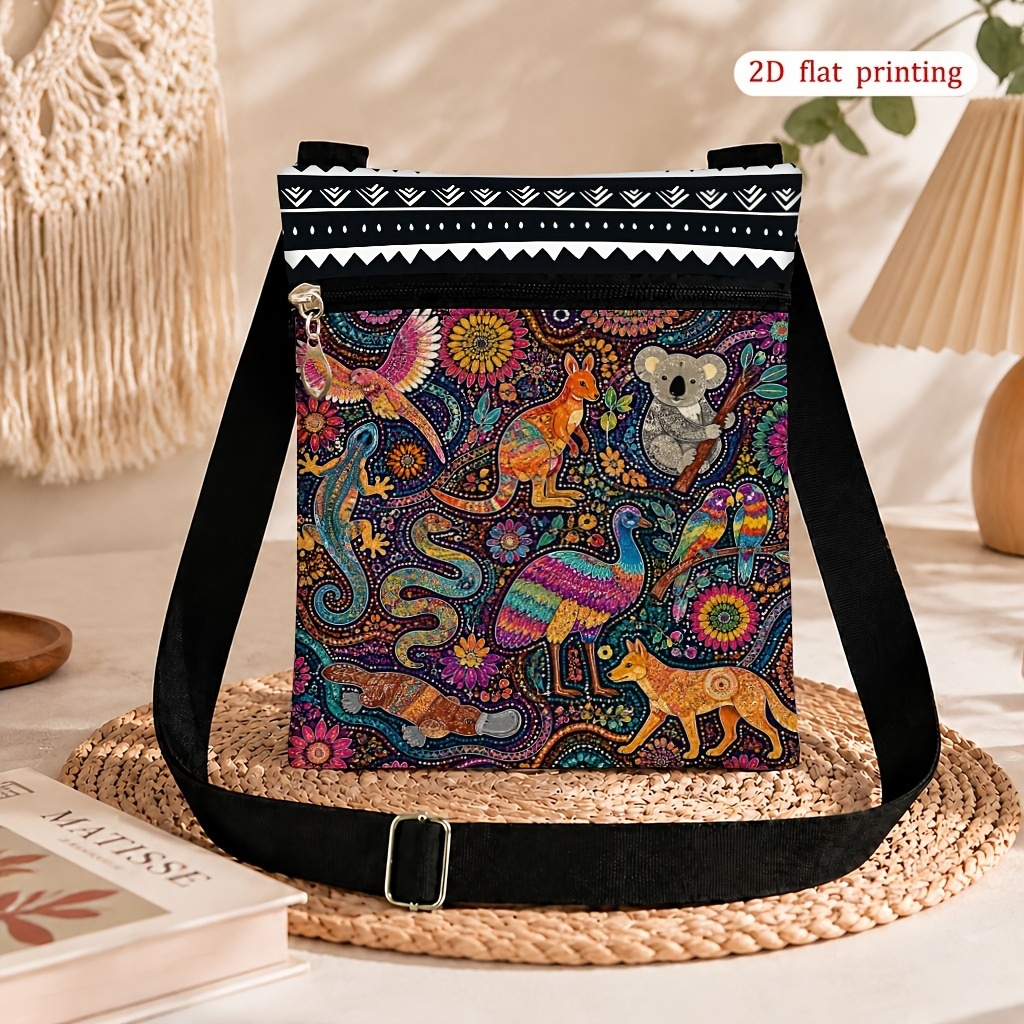 TEMU 1pc Australian Animal Print Crossbody Bag, For Daily Use, Colorful Kangaroo And Koala Pattern 2d Printed Fashionable Lightweight Small Shoulder