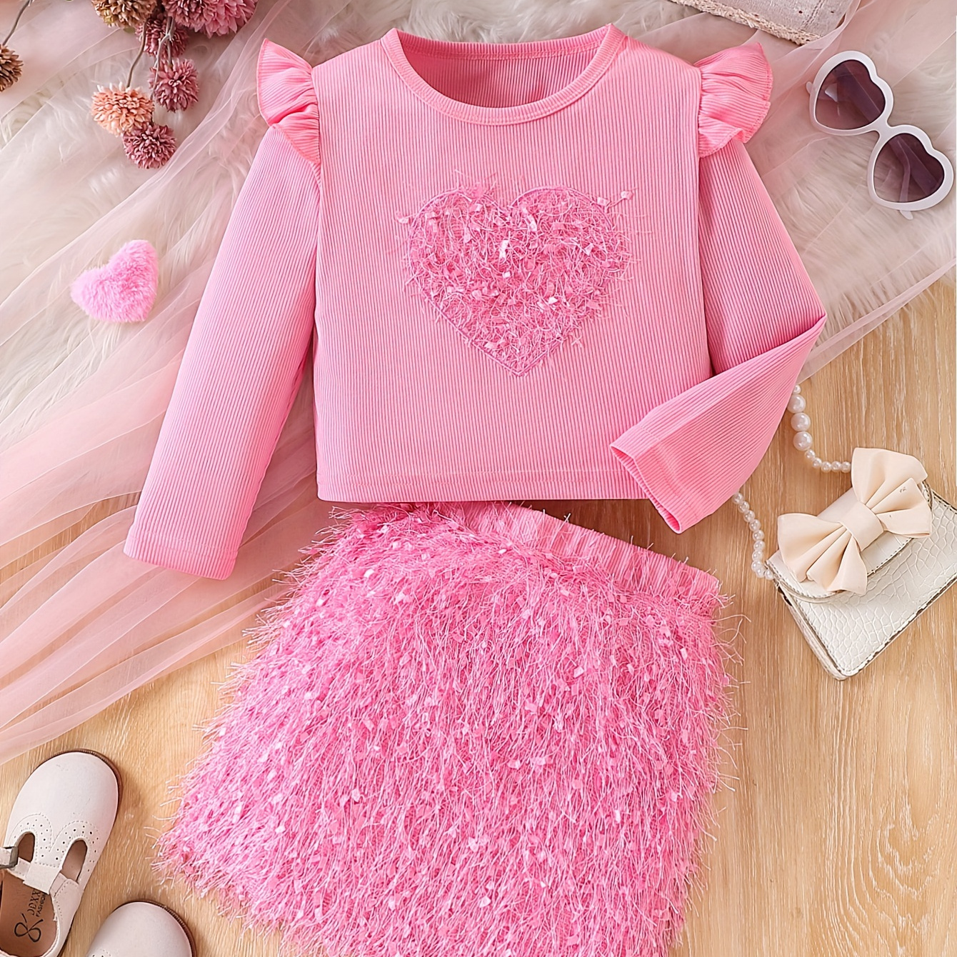 

Girls' Dressy Pink Two-piece Set With Embroidered Heart Crew Neck T-shirt And Raw Hem Bodycon Mini Skirt, Polyester Knit Fabric With Slight Stretch, Long Regular Sleeves, Spring/fall Collection