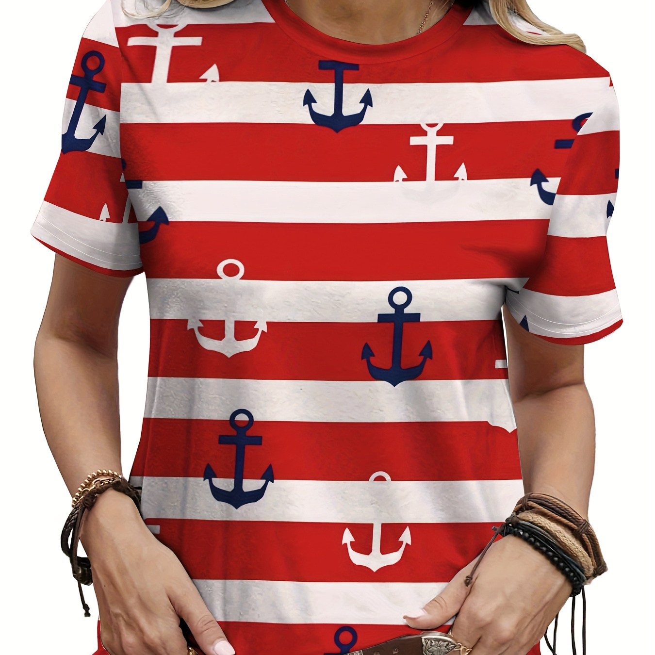 

Chic Striped Anchor Print T-shirt For Women - Breathable, Casual Crew Neck Short Sleeve Top