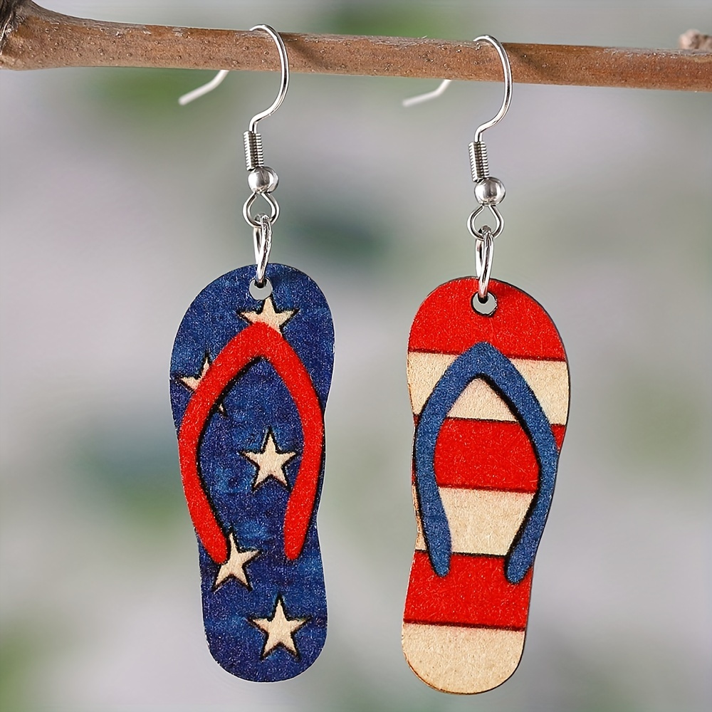 

Independence Day Slipper Shape Pendant Drop Hook Earrings Double Sided Wooden Earrings