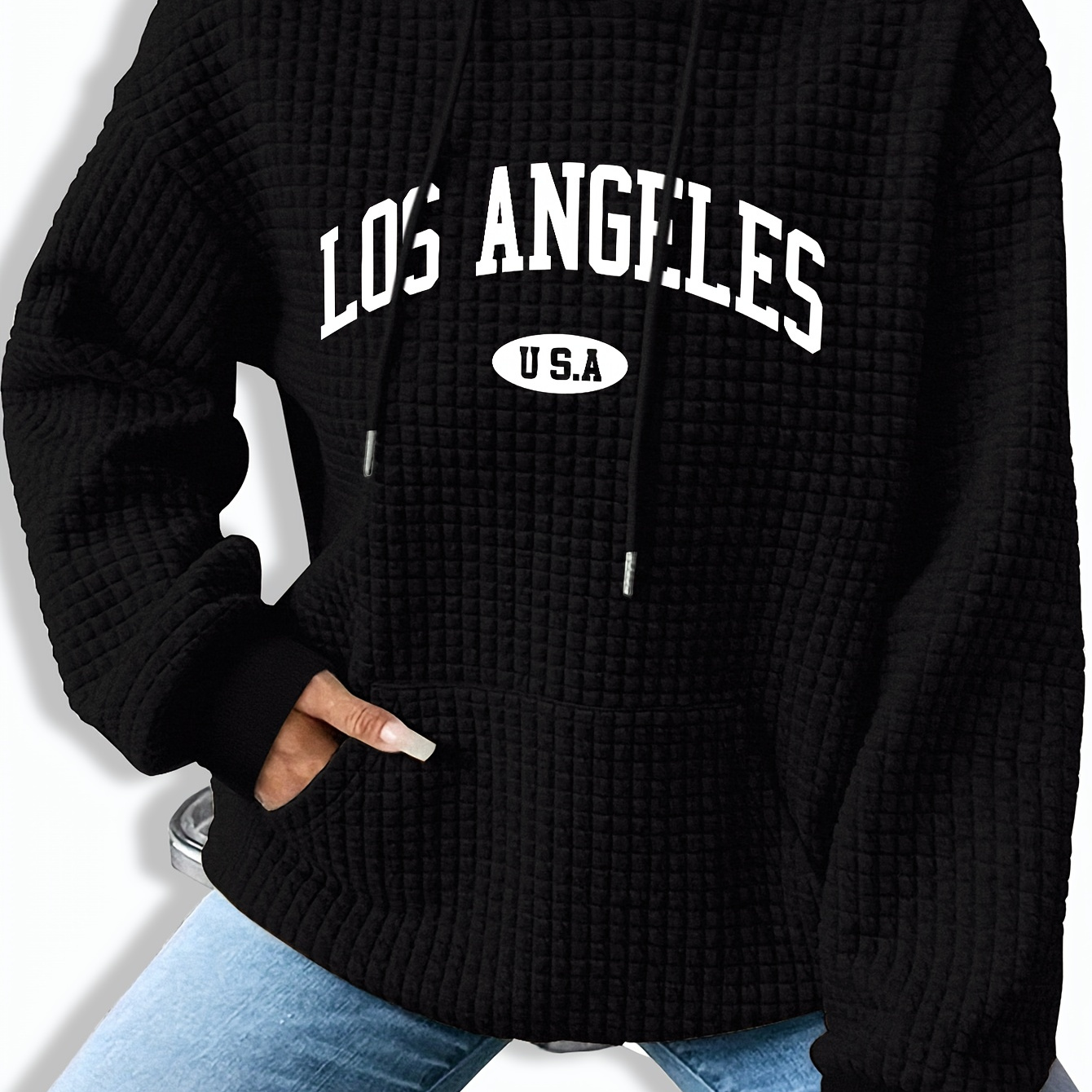 

Los Angeles Print Long Sleeve Waffle Knit Hoodie - Casual Polyester & Spandex Blend Hooded Sweatshirt For Fall/winter Season, Comfortable Alphabet Pattern Pullover With Drawstring Hood