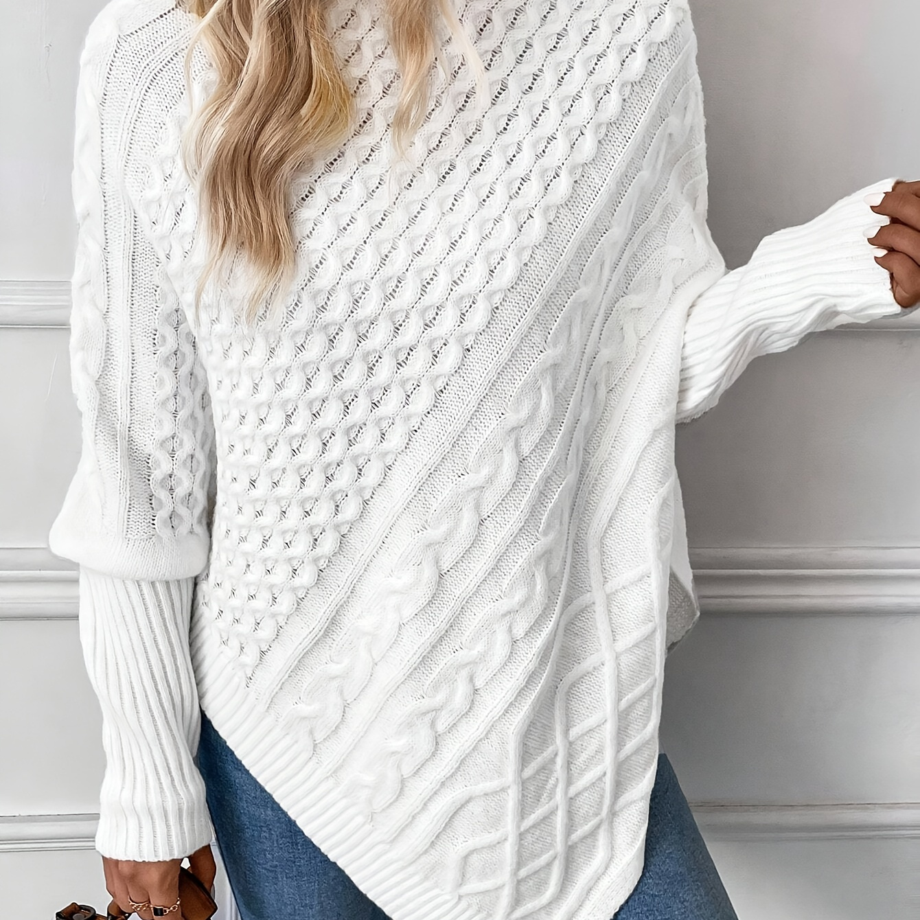 

Cable Knit Batwing Sleeve Poncho, Elegant Hanky Hem Turtle Neck Sweater For Fall & Winter, Women's Clothing