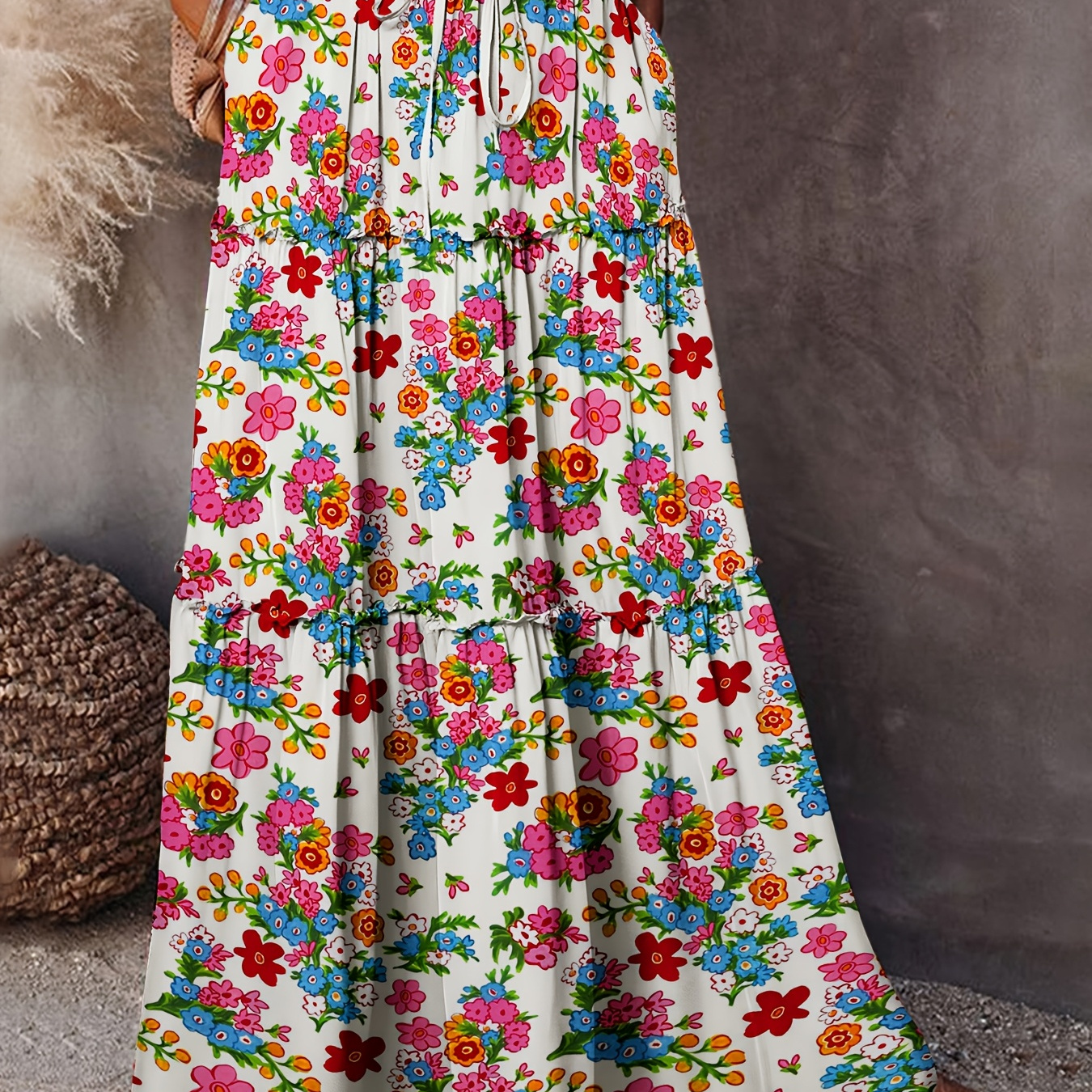 

Chic Floral Print Ruffle Hem Maxi Skirt - Casual High Waist, Non-stretch Polyester For Women - Spring/summer