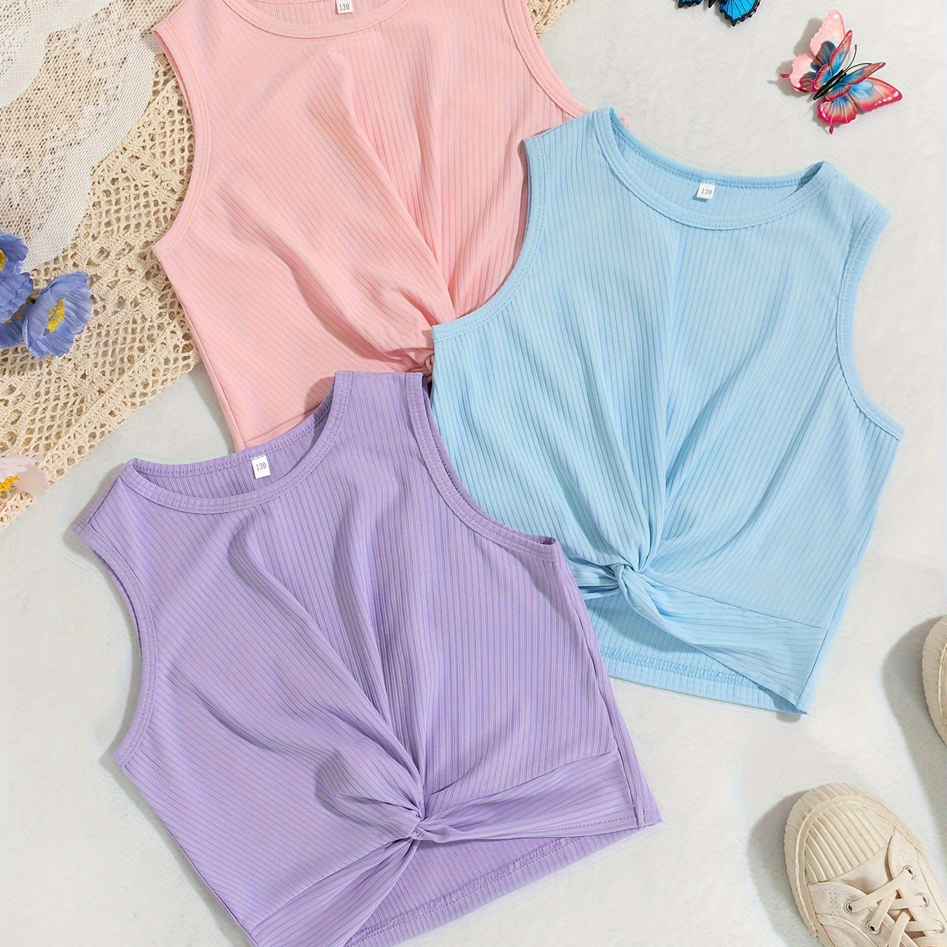 

3-pack Girls Sleeveless Knotted Casual Tank Tops, Soft Solid Summer Fashion Top