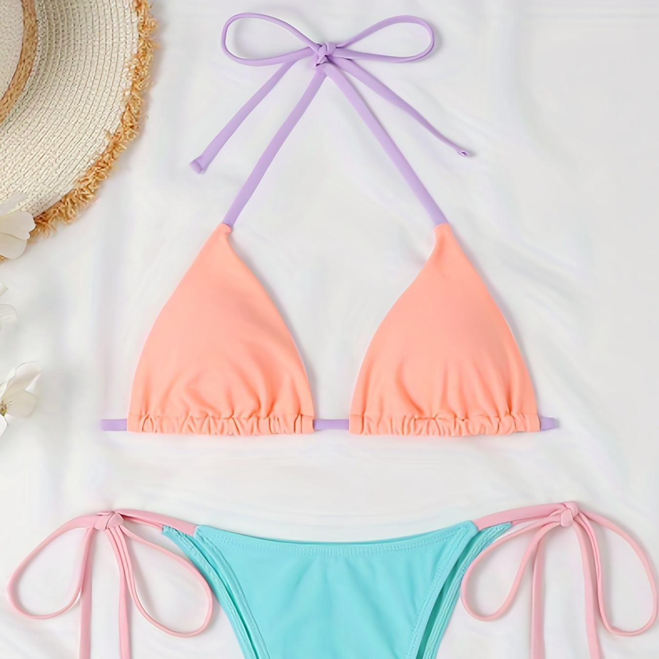 

Color Block Tie Side Halter 2 Piece Set Bikini, Triangle Tie Neck Sexy Tie Back Swimsuit For Beach Pool Bathing, Women's Swimwear & Clothing