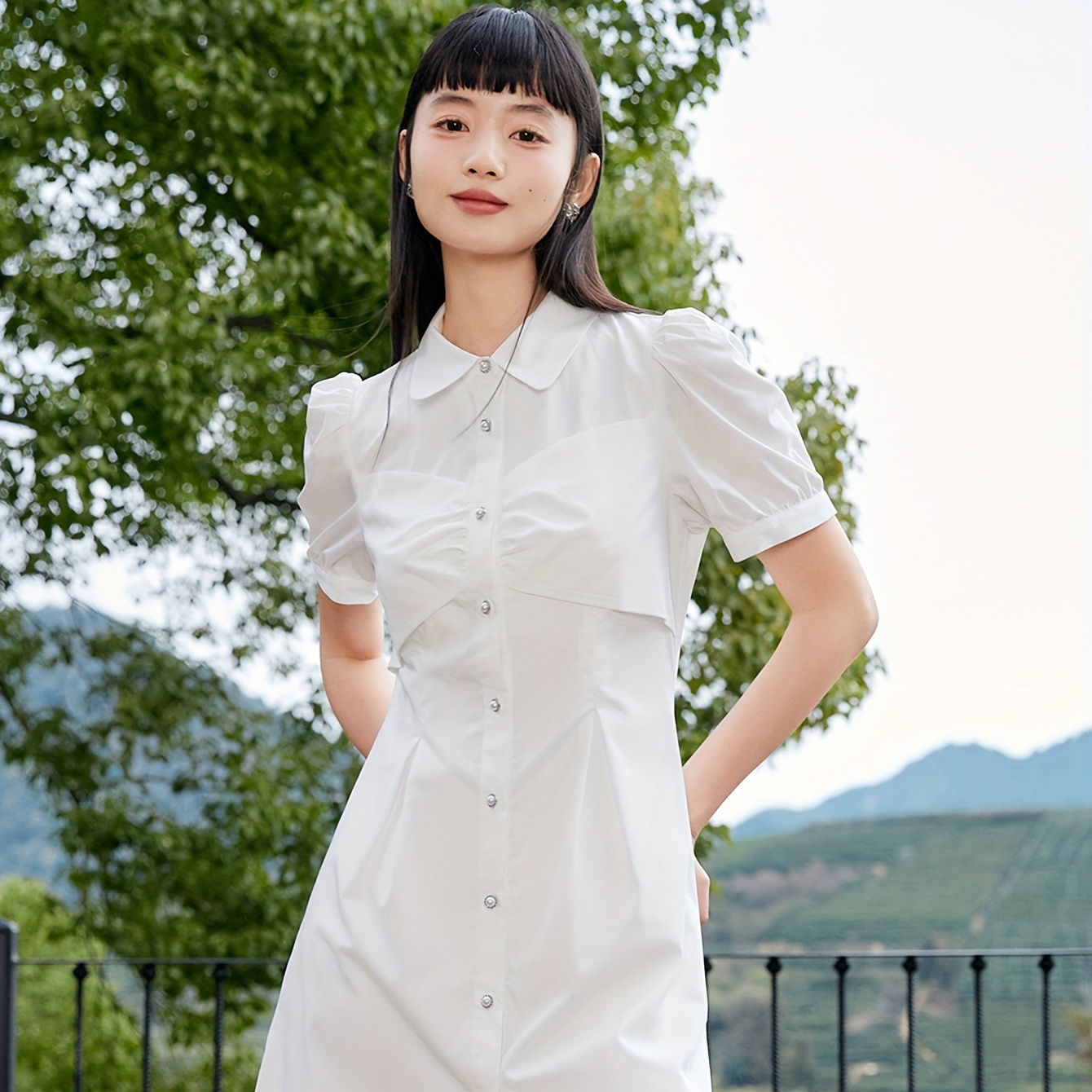 elegant white shirt dress women chic puff sleeve sweet