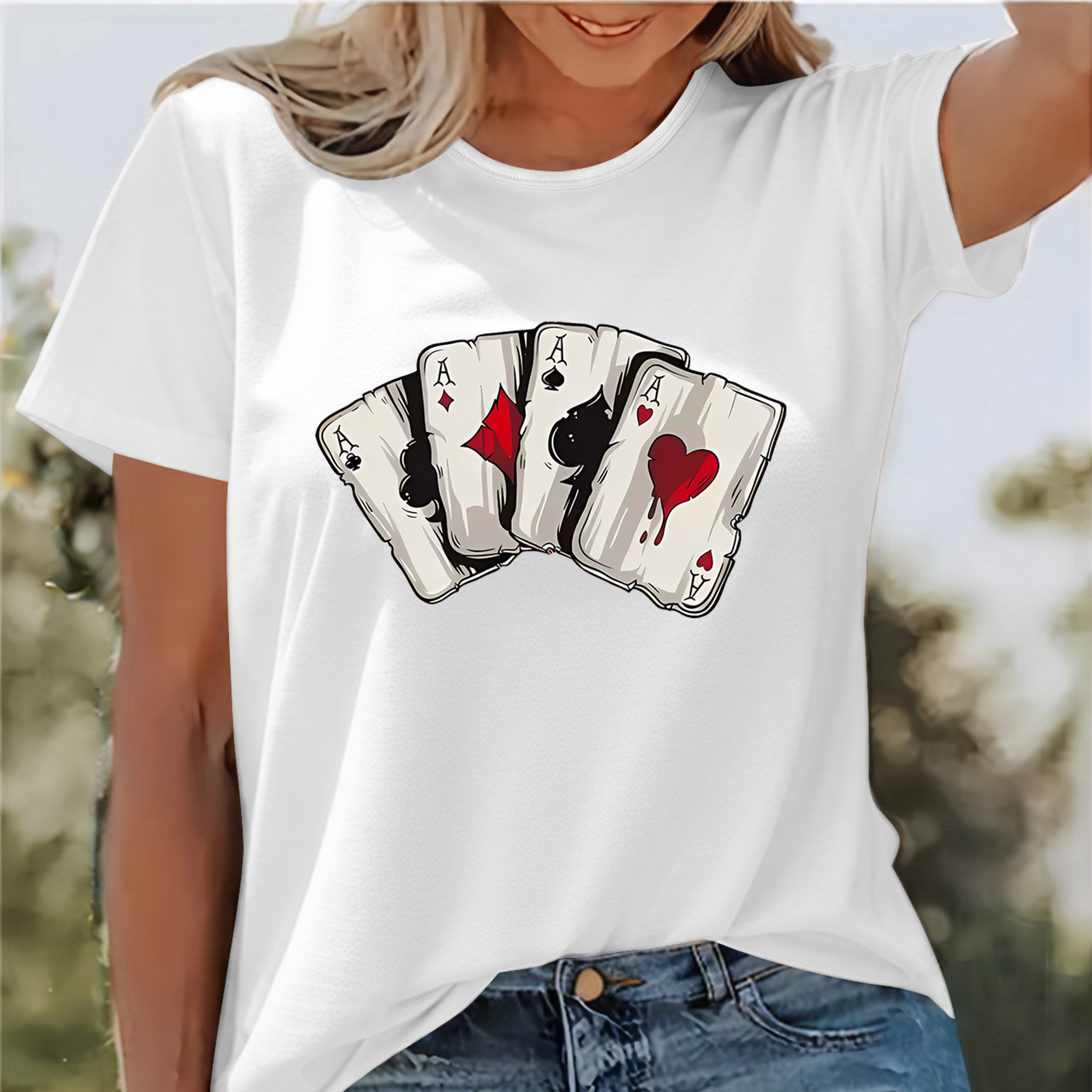 

Playing Cards Print T-shirt, Short Sleeve Crew Neck Casual Top For Summer & Spring, Women's Clothing