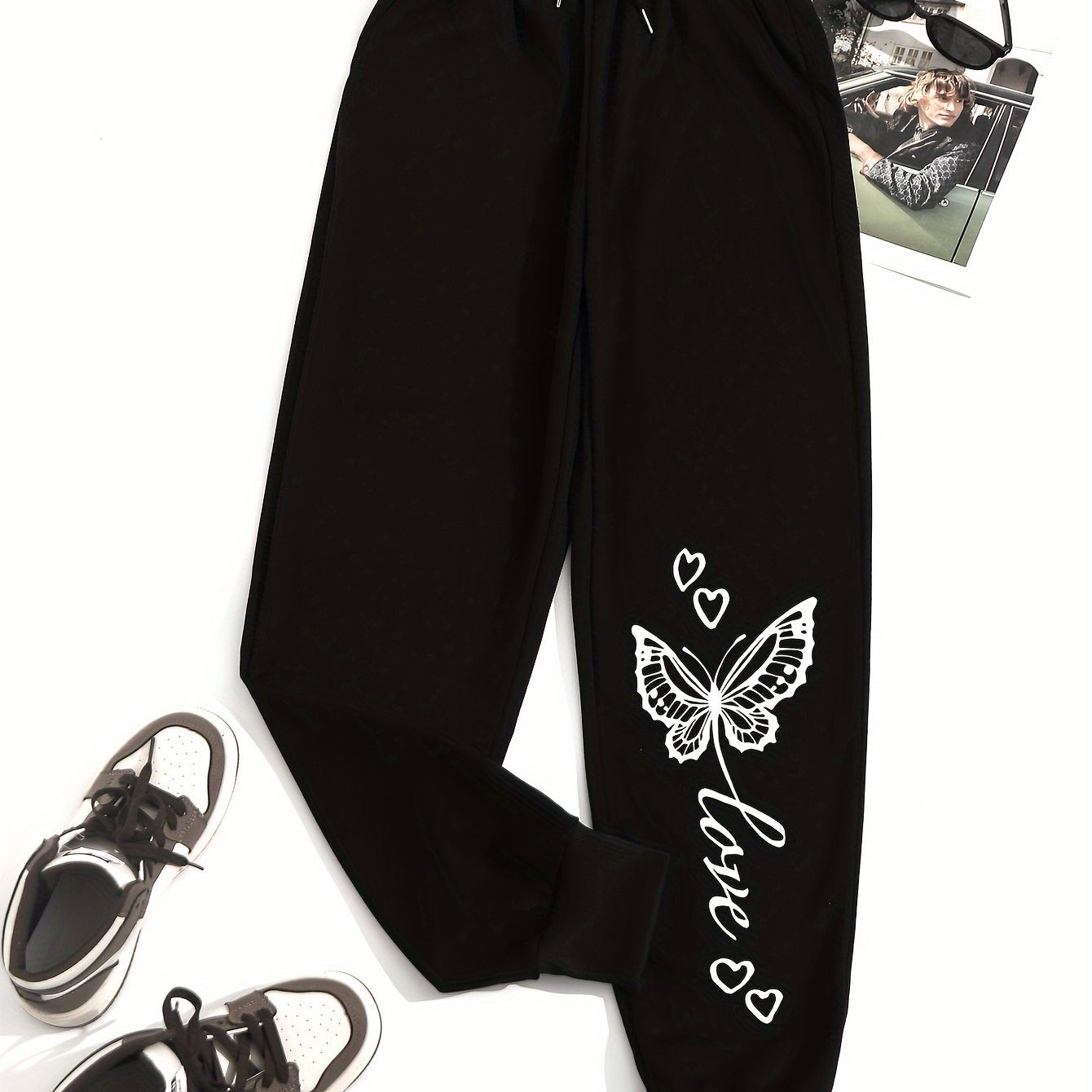 

Butterfly Print Elastic Sweatpants, Solid Drawstring High Waist Sweatpants, Casual Every Day Pants, Women's Clothing