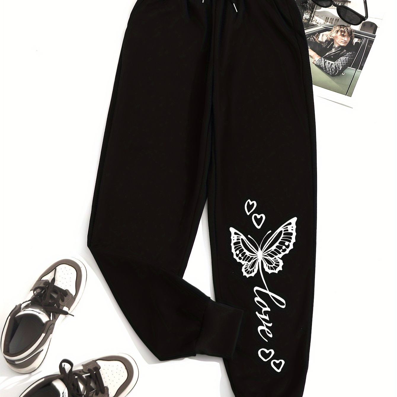 Butterfly Print Elastic Sweatpants, Solid Drawstring High Waist Sweatpants, Casual Every Day Pants, Women's Clothing