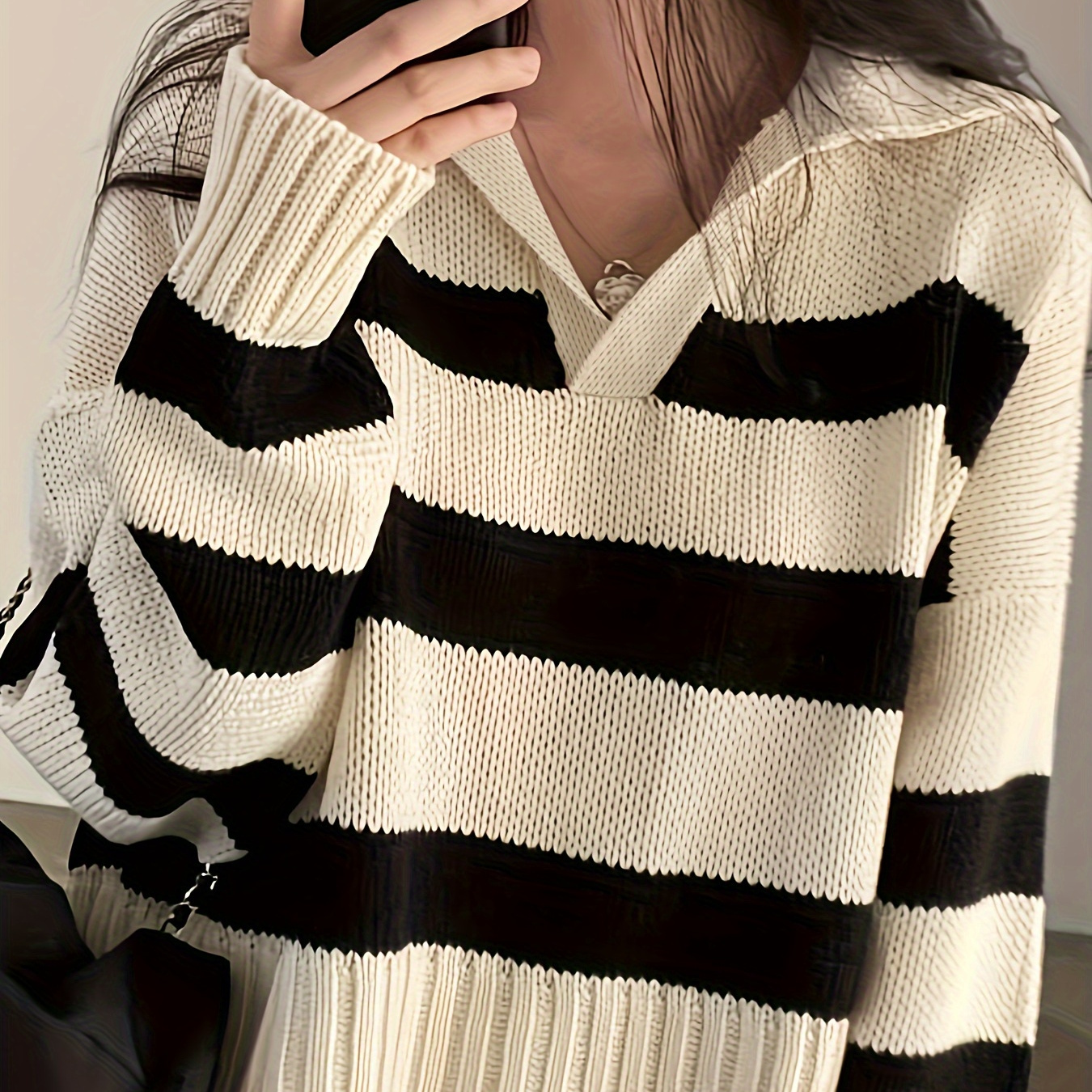 

Striped Turndown Collar Pullover Sweater, Casual Long Sleeve Loose Sweater, Women's Clothing