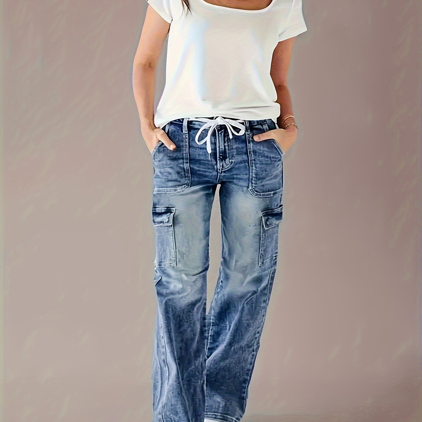 

Vintage Style Women's Cargo Denim Jeans - Cotton Blend Medium Stretch Drawstring Bootcut Pants, Mid Waist Solid Color Casual Cargo Jeans With Pockets For All Seasons