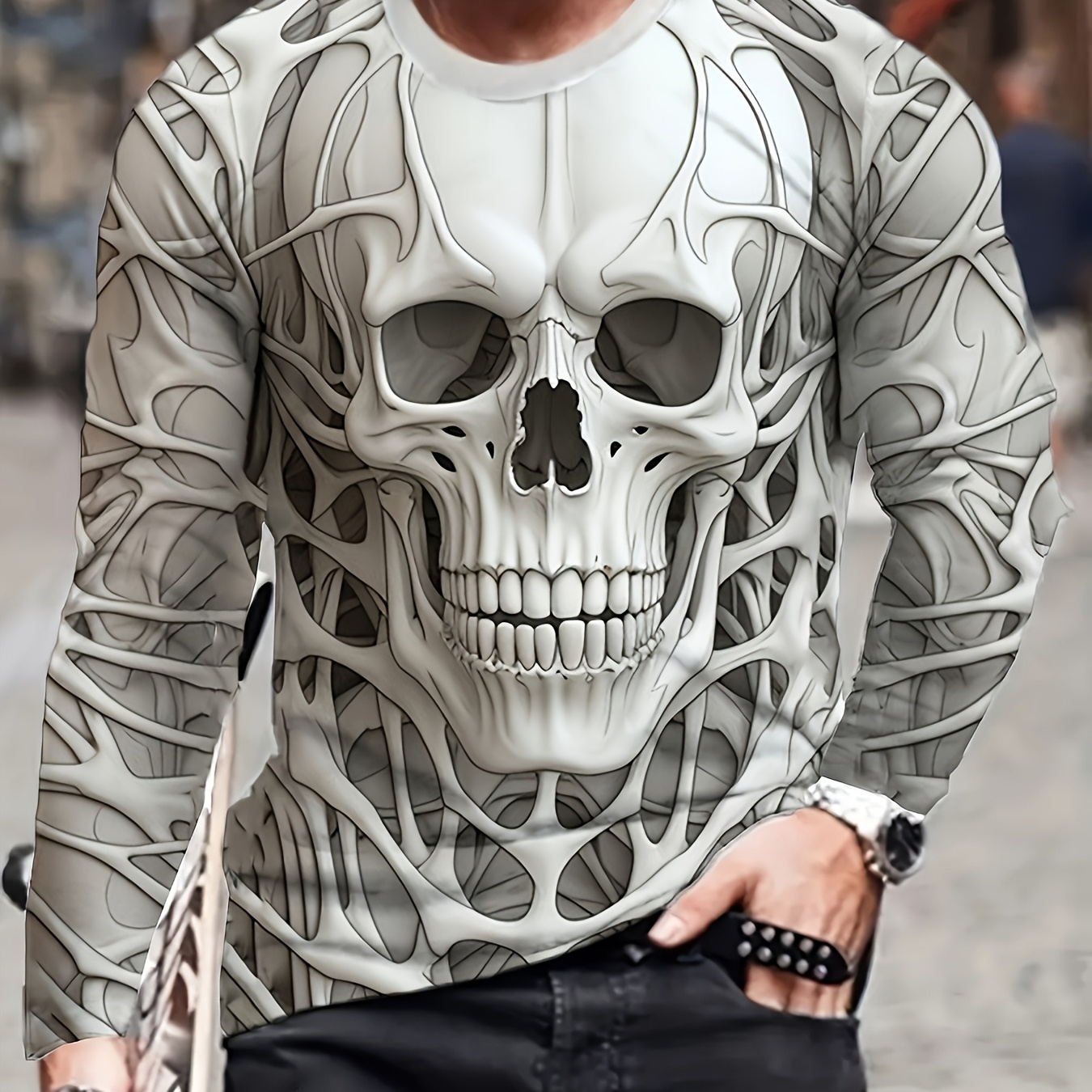 

T-shirt décontracté à col rond à manches longues pour homme, tissu en de polyester légèrement extensible, coupe standard, avec imprimé tête de 3D, pour /automne - T-shirt adulte à motif d'Halloween