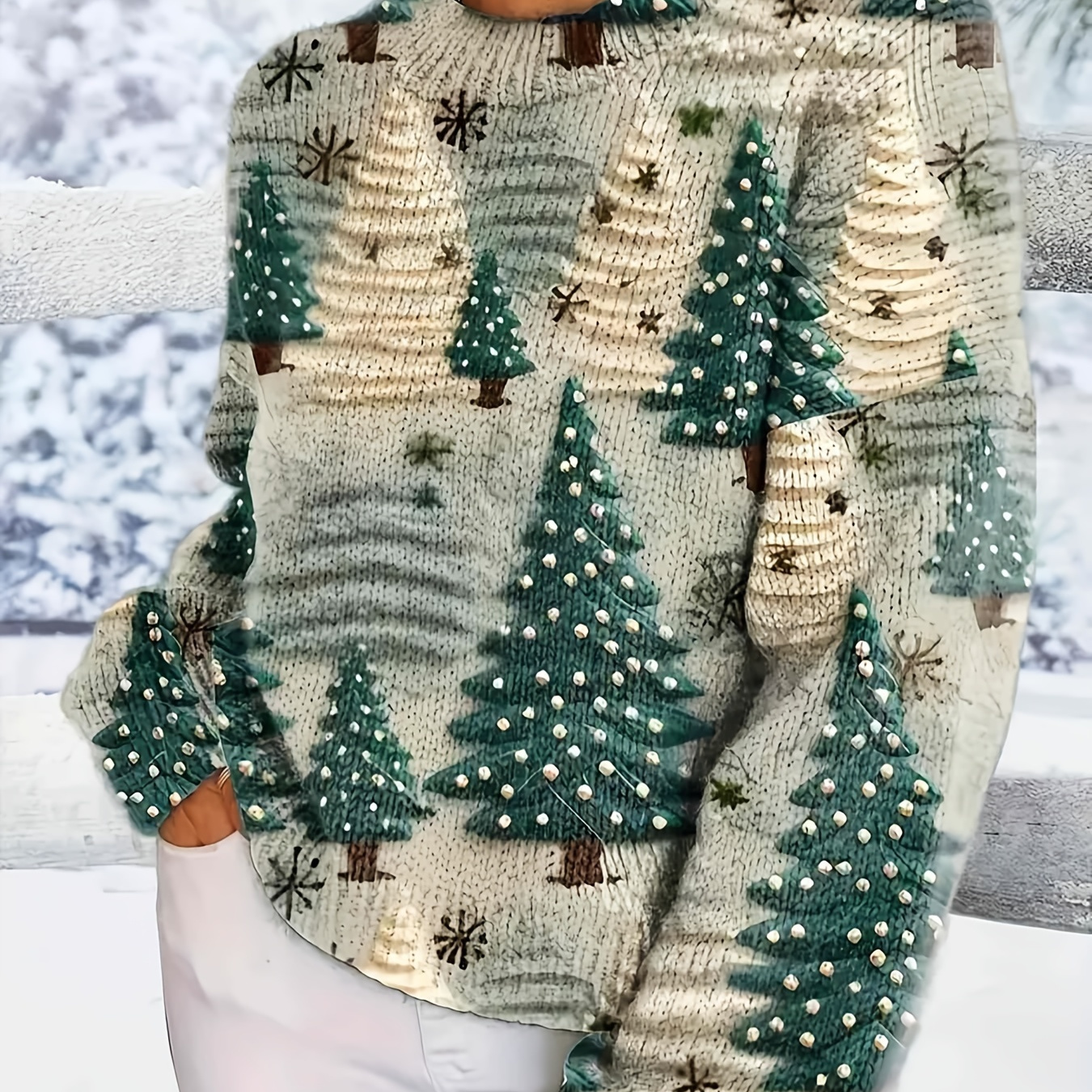 

Print Sweater For Women - Long Sleeve, Crew Neck, Polyester Knit Pullover - Fall & Winter