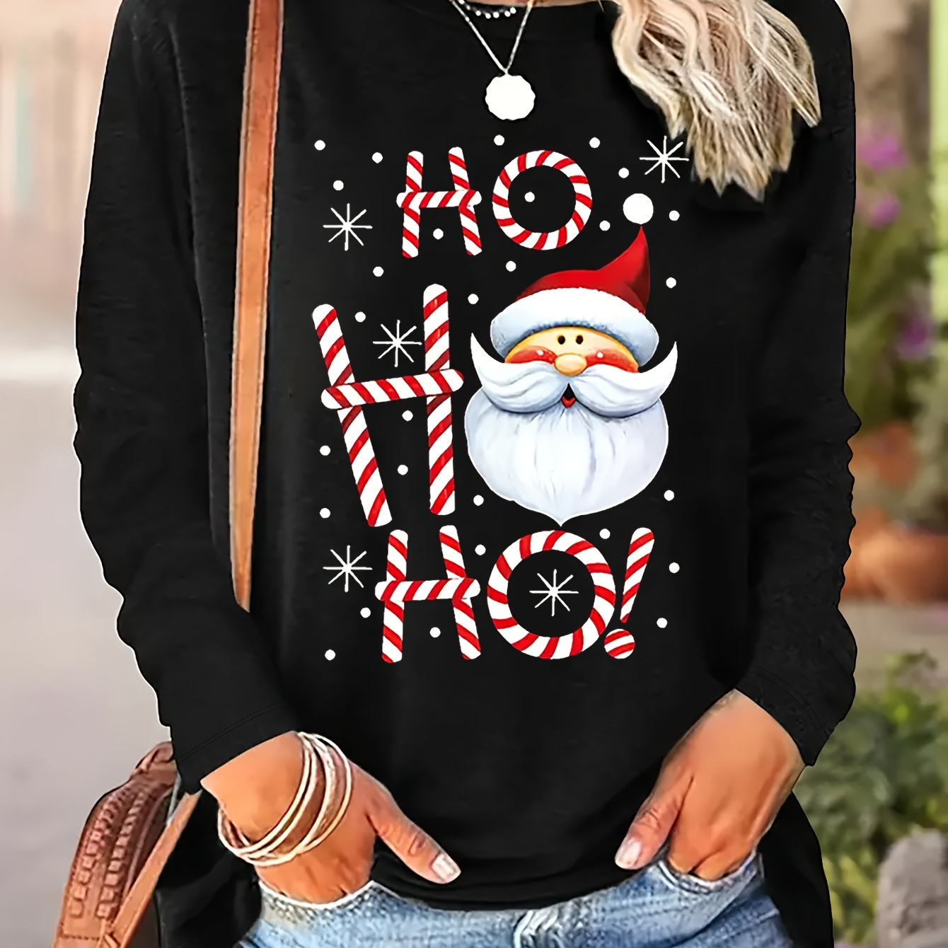 

Santa Claus Print T-shirt, Long Sleeve Crew Neck Casual Top For Spring & Fall, Women's Clothing