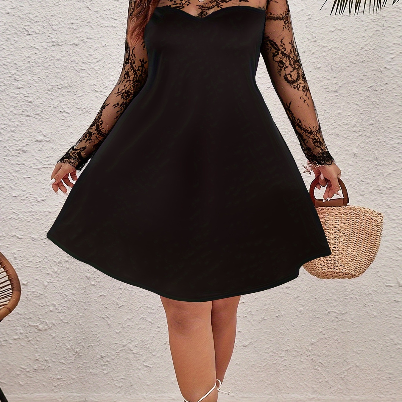 

Plus Size Solid Lace Stitching Dress, Elegant Illusion Neck Midi Dress For Spring & Summer, Women's Plus Size Clothing