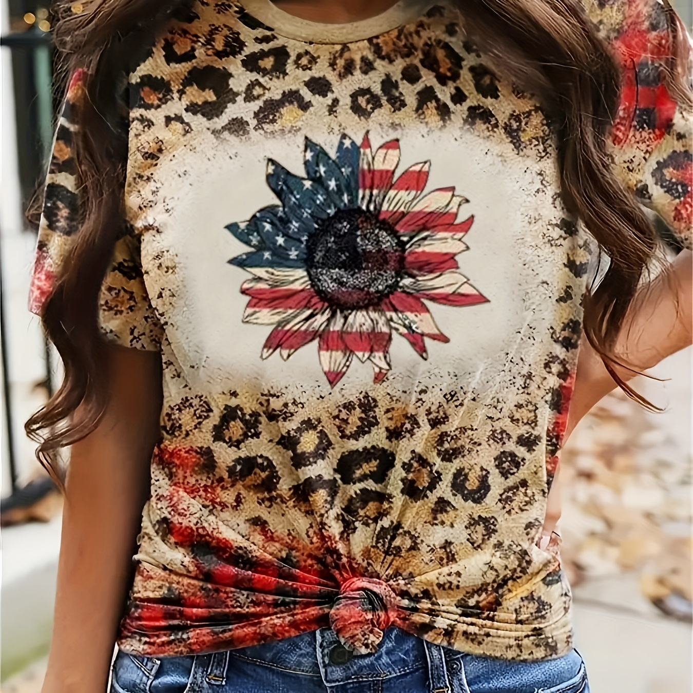 

Leopard & Flag Print T-shirt, Crew Neck Short Sleeve T-shirt, Casual Every Day Tops, Women's Clothing