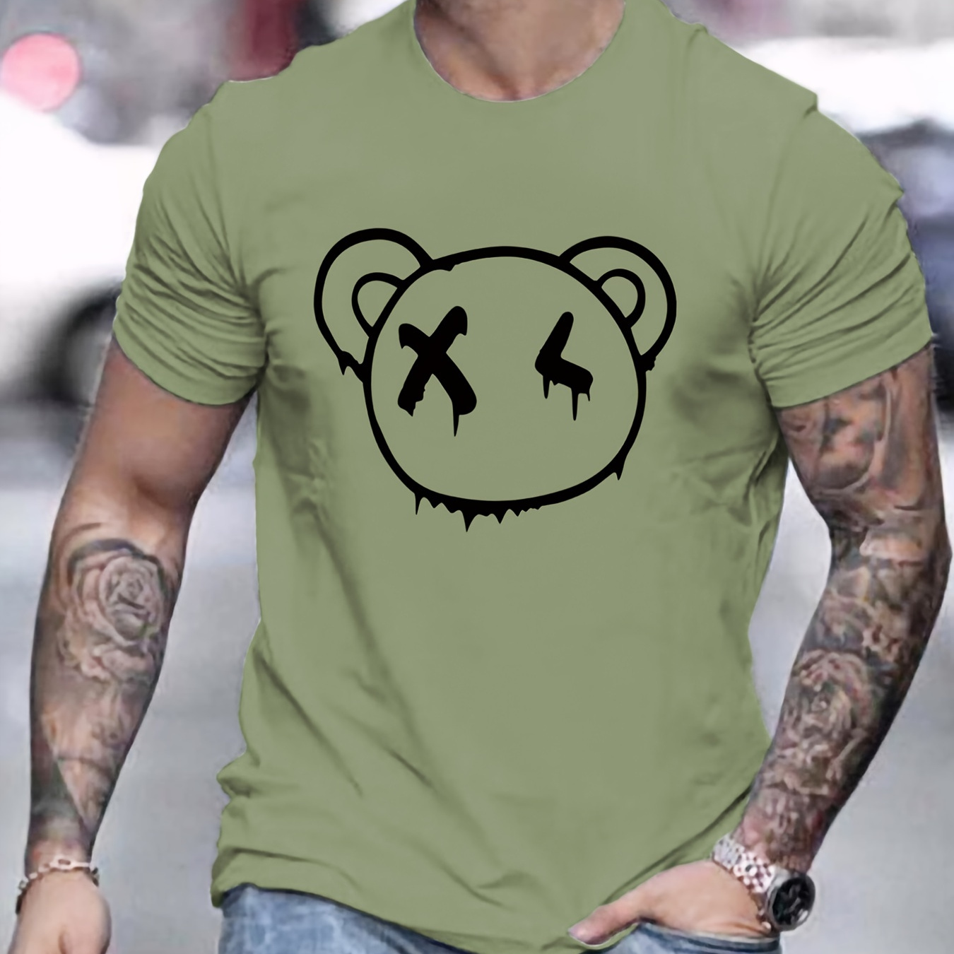 

Cartoon Bear Print T-shirt, Men's Casual Multicolor Loose Short Sleeve Shirt