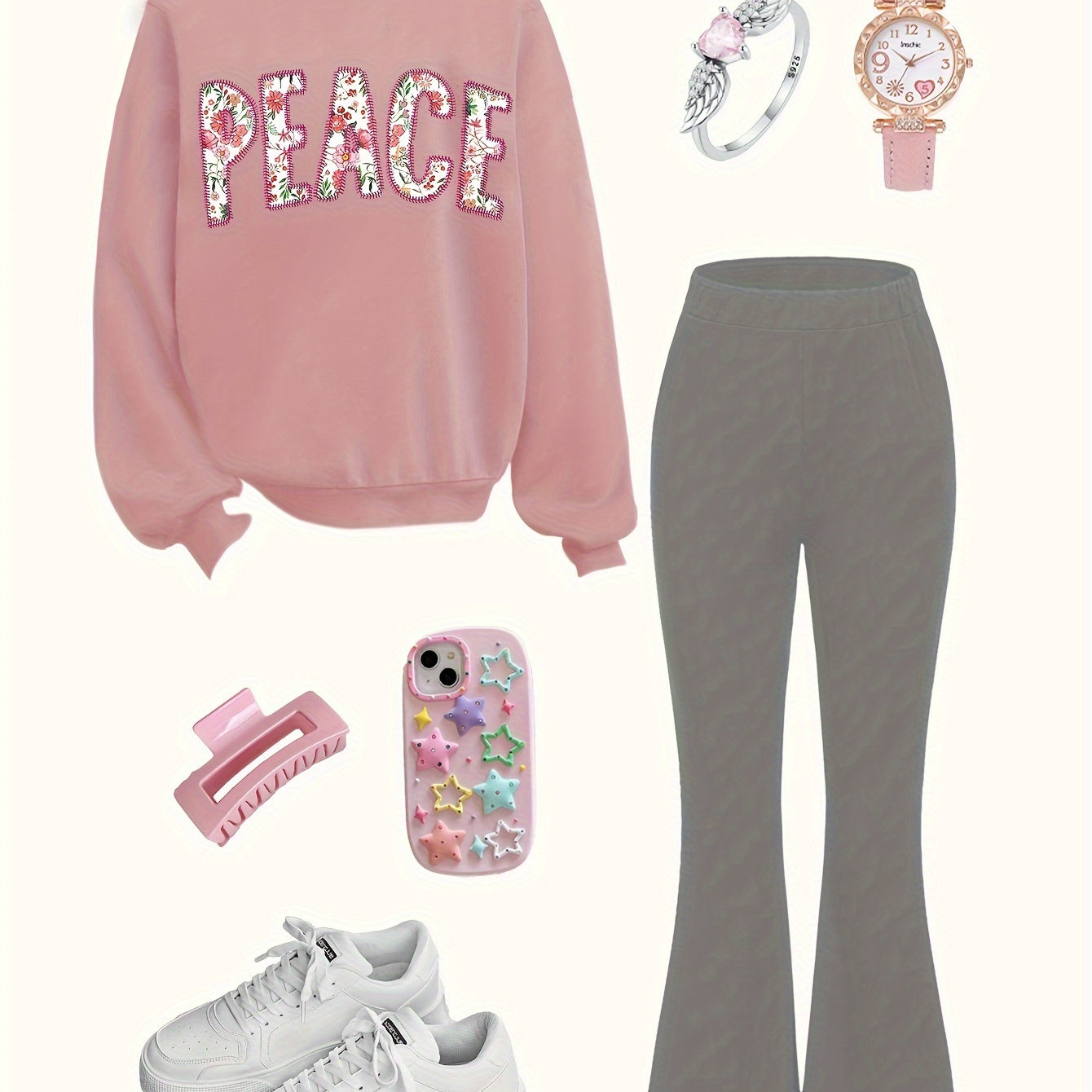 

Fashionable Long-sleeved Sweatshirt Set For Girls With Round Neck, Peace Print, Casual Versatile Long Pants, Two-piece Set