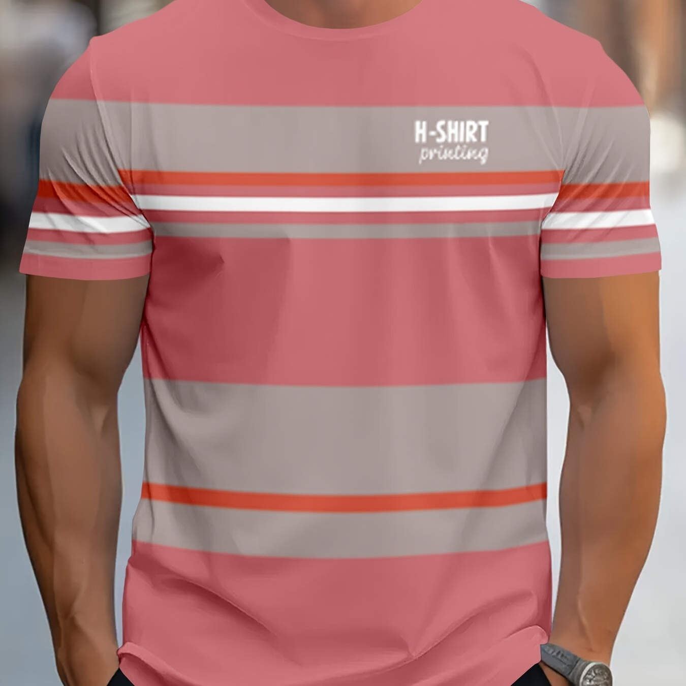 

Men's Novelty T-shirt, 3d , Casual Crew Neck, Regular Fit, Knit Fabric, 95% Polyester 5% Spandex, Slight Stretch, 180gsm - Pink & Grey Stripes