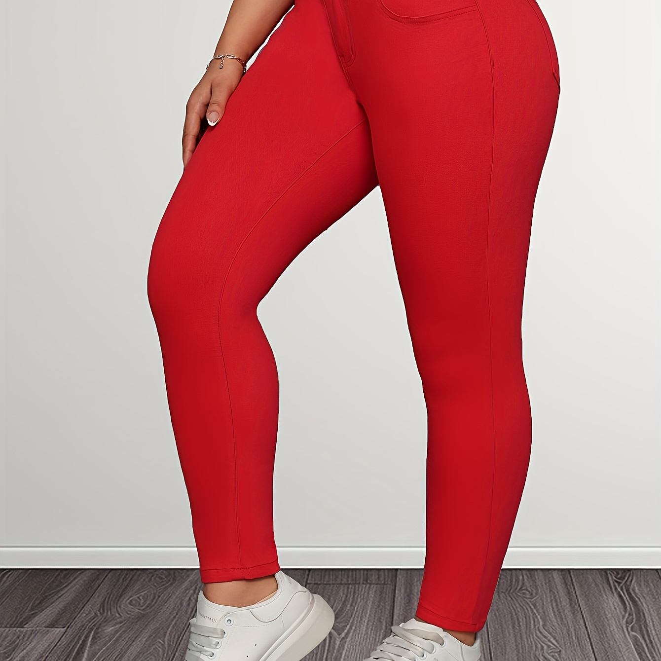 

Women's Plus Size Elegant Red Skinny Pants, High Stretch Rayon/viscose , Solid Color, Long Length With Button Detail, Woven Fabric, 292 G/m² Weight