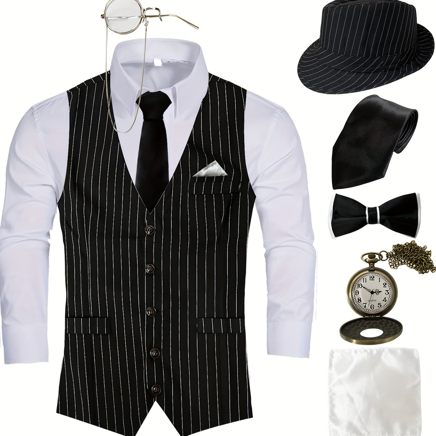 

7pcs/sets 1920s Mens Costume Roaring 20s Costumes For Men 1pcs Fedora Hat 1pcs Gangster Vest 1pcs Pocket Watch 1pcs Bow Tie 1pcs Tie 1pcs Pocket Squares 1pcs