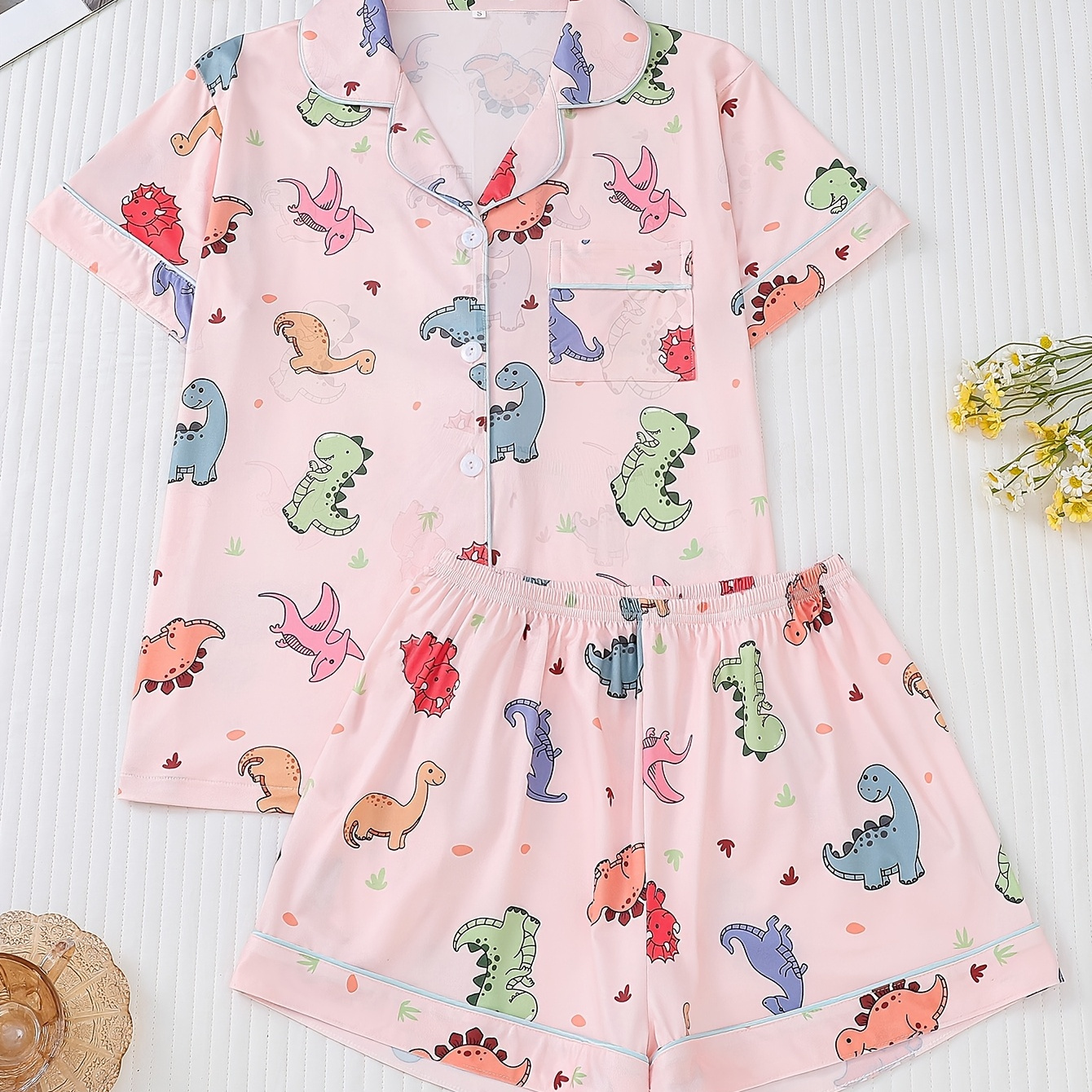 

Women's Cute Dinosaur Pajama Set - Comfy Short Sleeve Button- & Waist Shorts, Loungewear