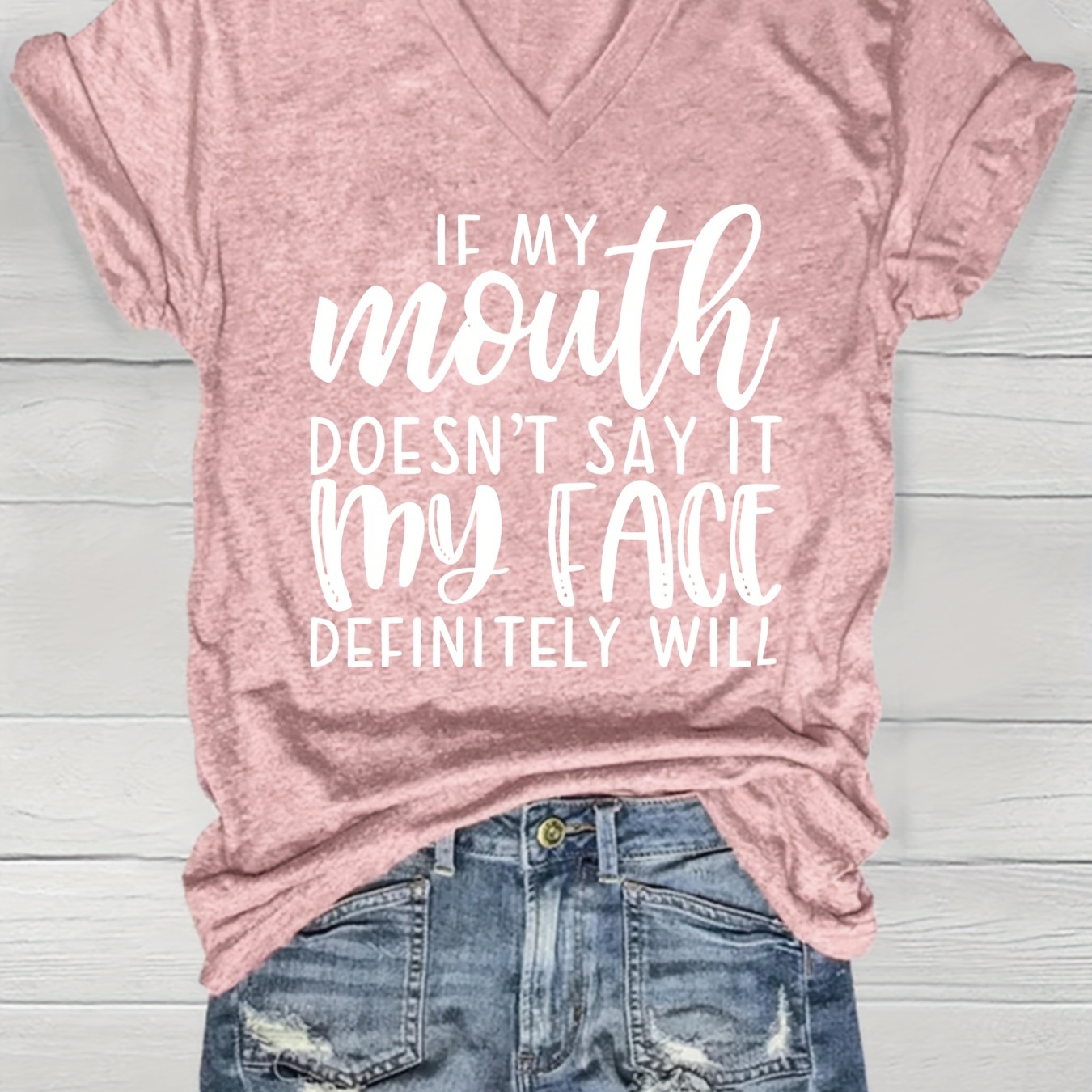 

Letter Print V Neck T-shirt, Casual Short Sleeve Top For Spring & Summer, Women's Clothing