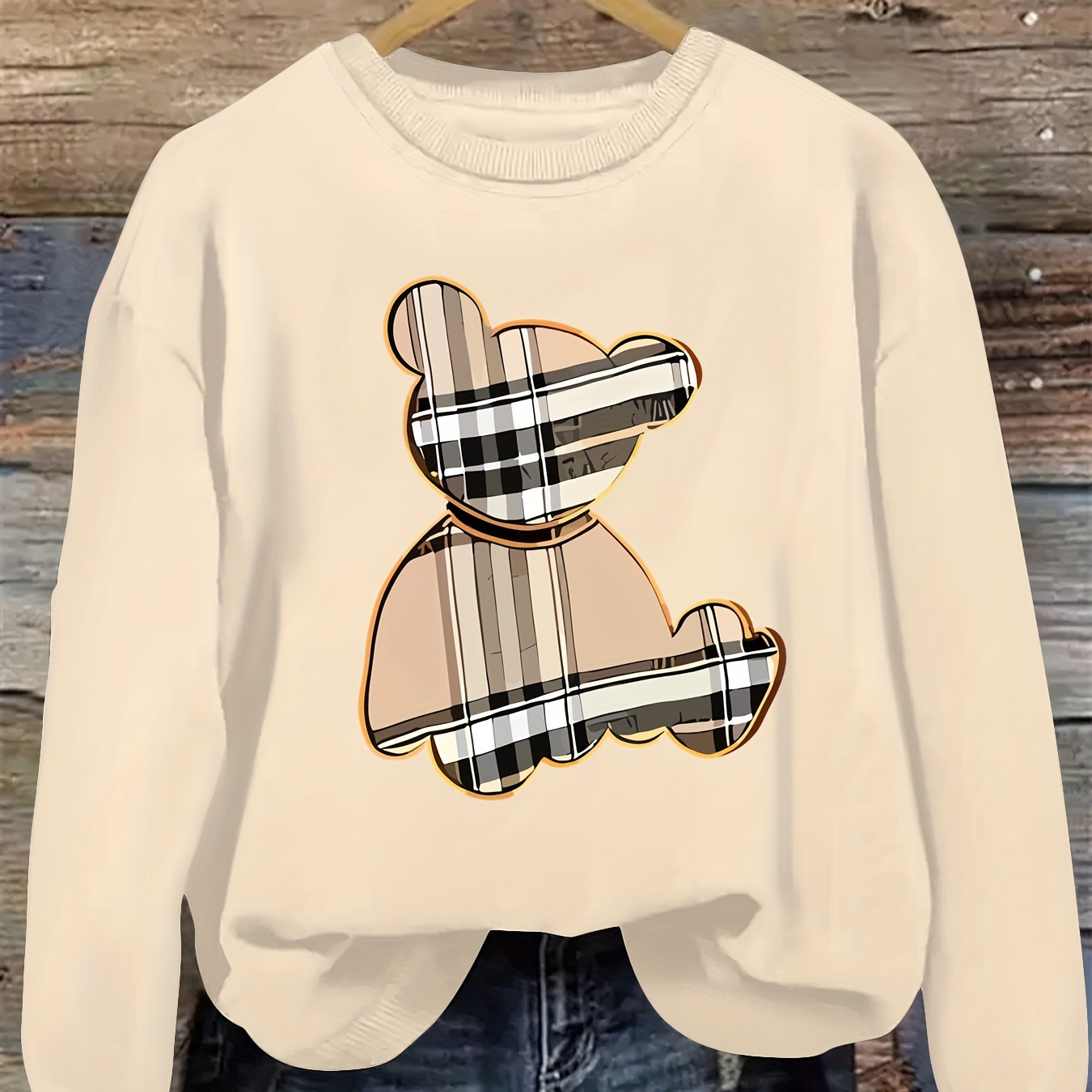 

Plus Size Cartoon Teddy Sweatshirt - 100% Polyester, Casual Crew Neck Pullover With Stretch, Knit Fabric, Spring/fall