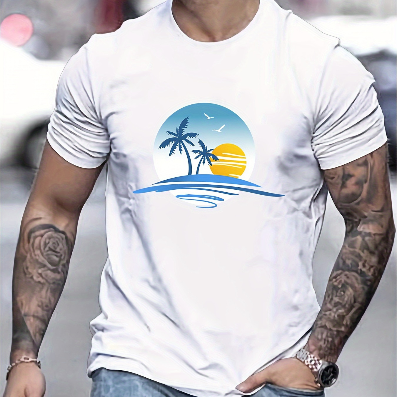 

Palm Trees Print Tee Shirt, Tees For Men, Casual Short Sleeve T-shirt For Summer
