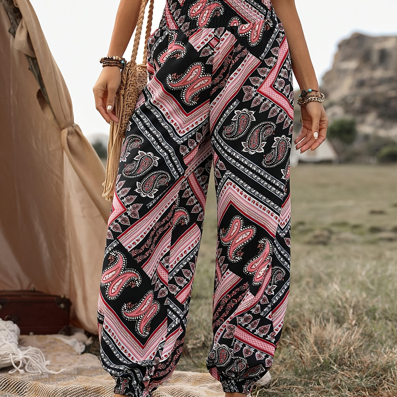 

Tribal Print Fitted Bottom Joggers, Boho High Waist Pants For Spring & Summer, Women's Clothing