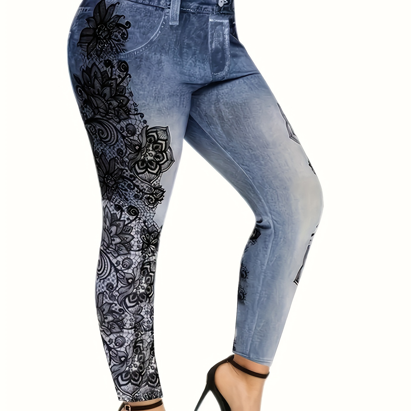 

Leggings Extensibles pour Femmes en Denim et Panneau de Dentelle - Décontractés, Lavables en Machine, Toutes