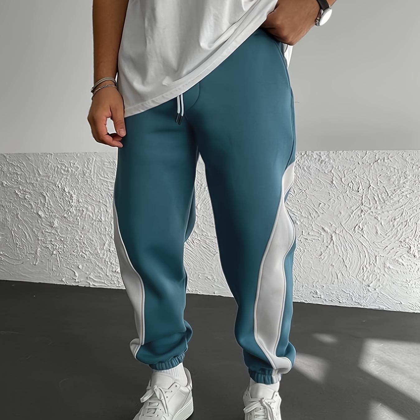 

Men's Color Blocked Drawstring Footed Sweatpants, Casual Slightly Stretch Joggers For Spring Autumn Running Jogging