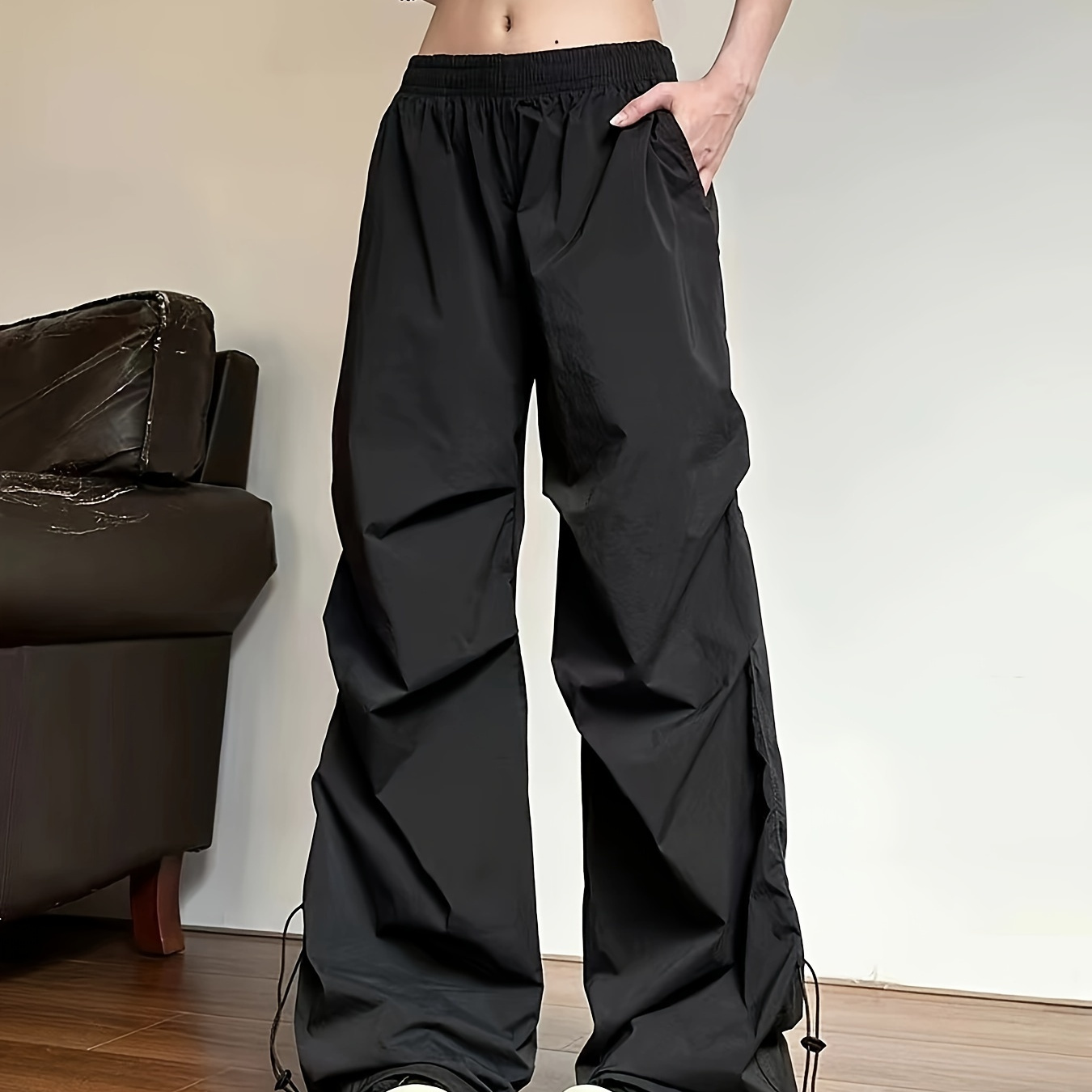 

Women's Casual Solid Color Polyester Pants - Loose -season Woven Trousers With Waistband, Polyamide Polyester (55% Polyamide, 45% Polyester)