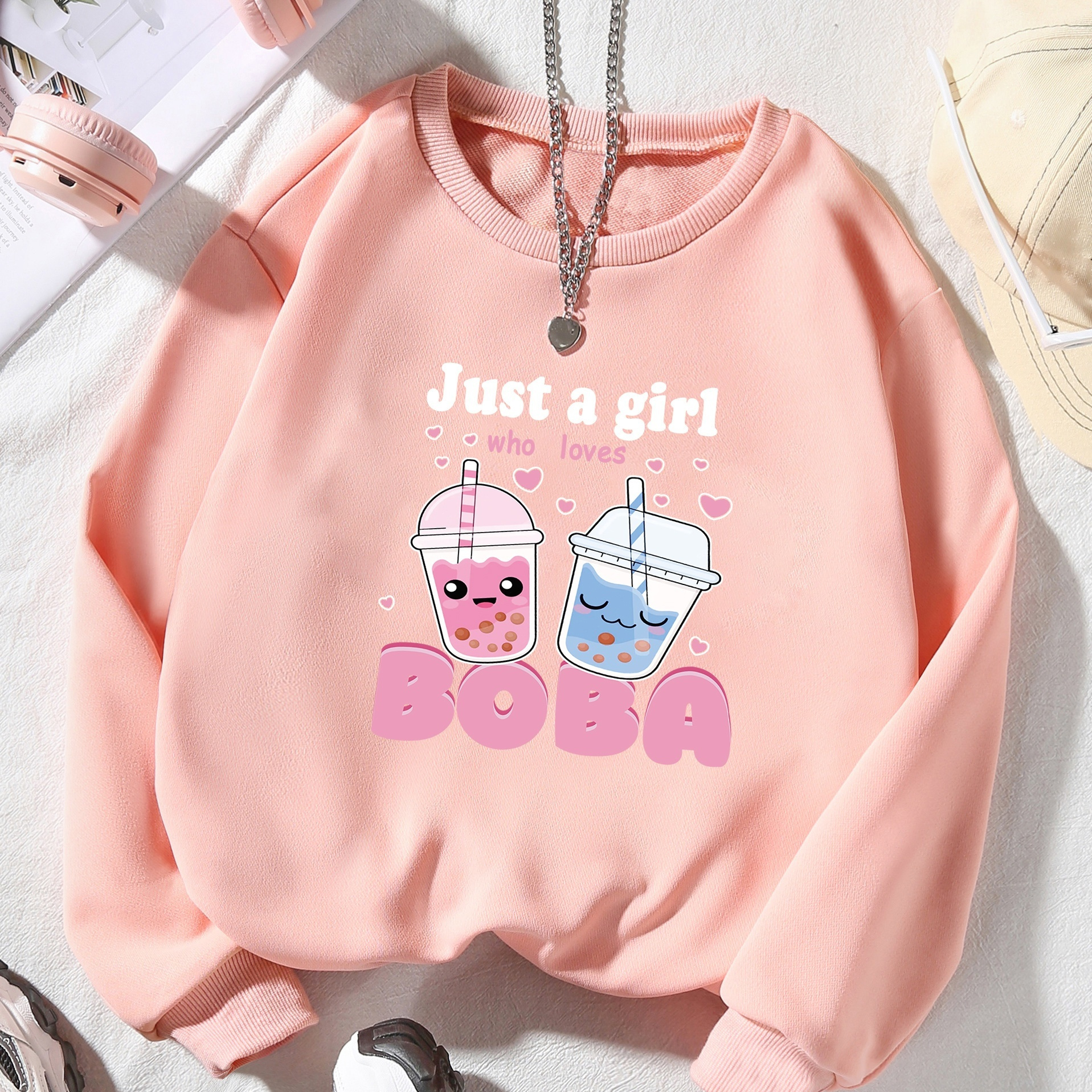 

Girls Trendy Pullover Sweatshirt, Cartoon Letter Print, Everyday Long Sleeve Casual Sports Tops