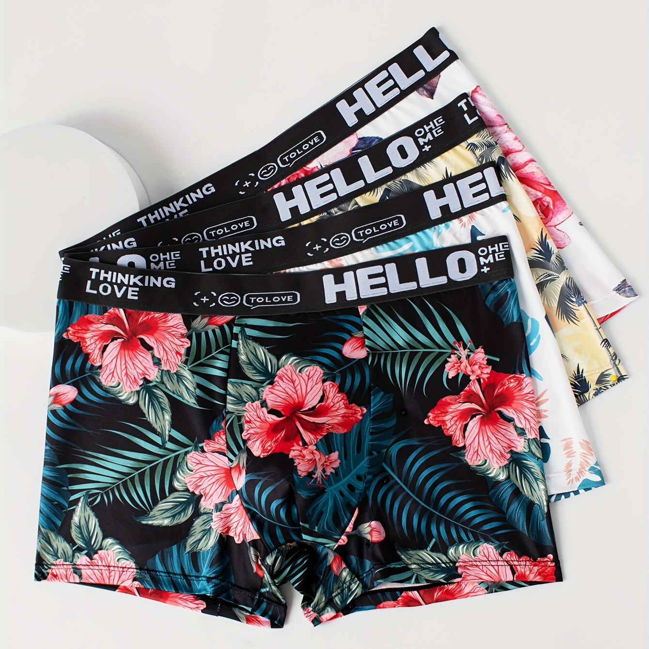 

4pcs Boxers Tendance pour Hommes à Imprimé Floral - Mélange de Polyester Respirant & Extensible, Confortable avec Bande "HELLO", Design de Roses Rouges Vibrantes & Feuilles pour Tenue Décontractée