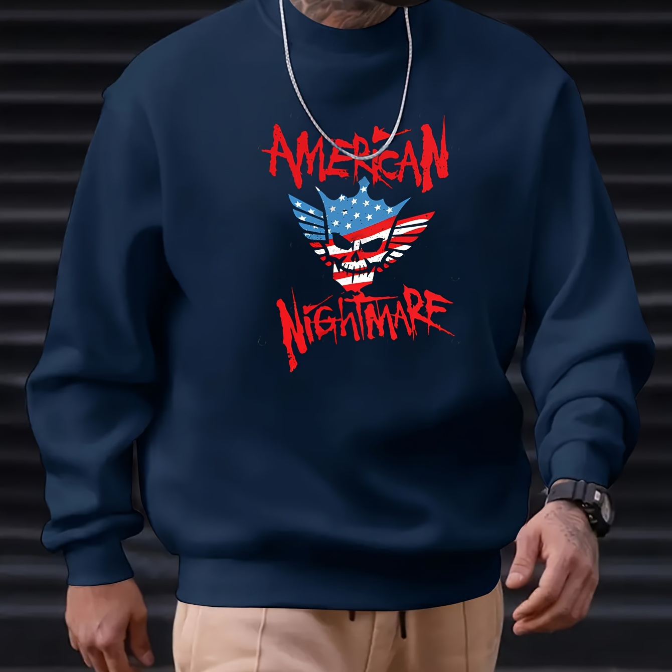 

American Flag Colored Monster Face Print Men's Round Neck Long Sleeves Sweatshirt - Versatile Regular Fit Top For Daily Wear - Best Fall & Winter Choice