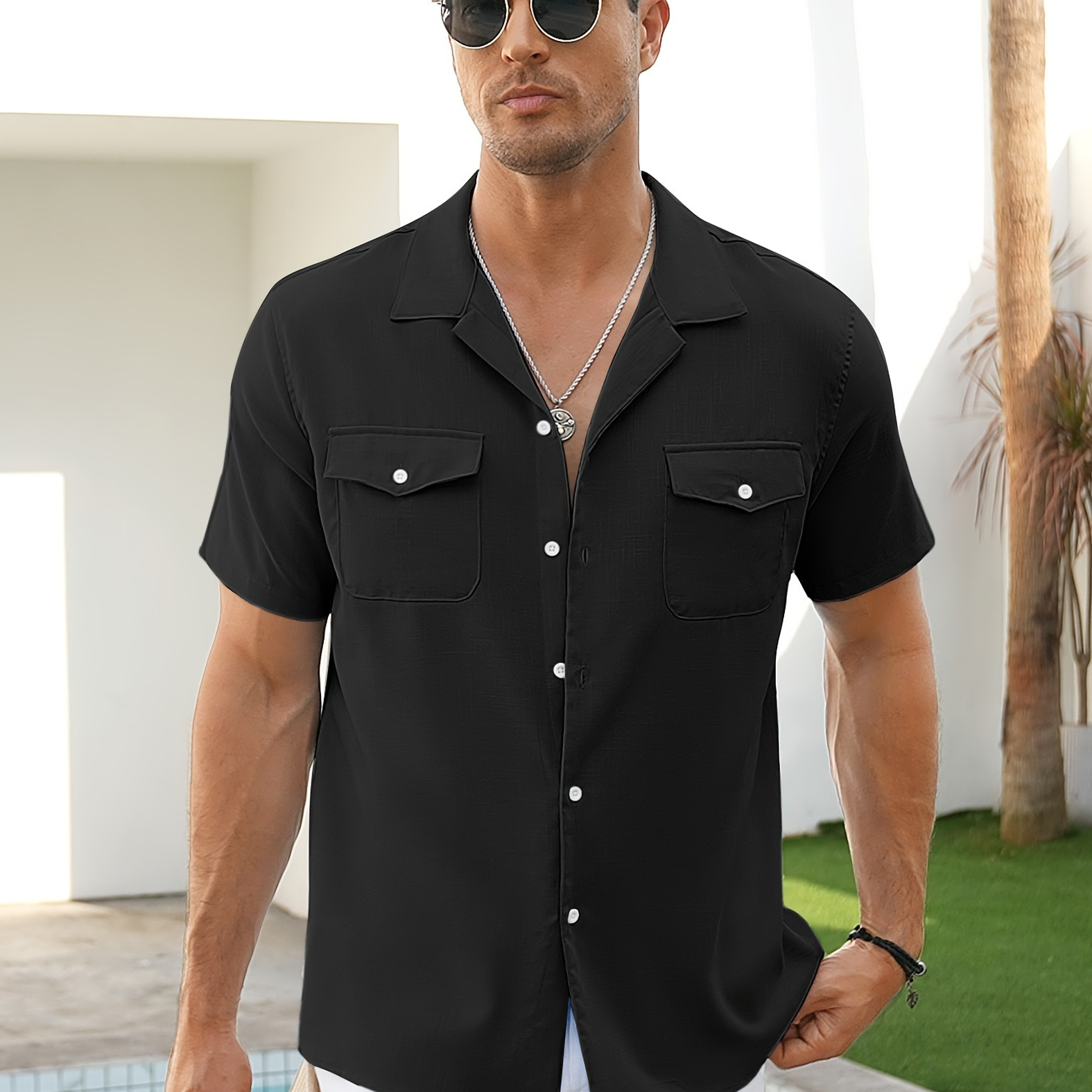

Men's Linen Short Sleeve Button Down Shirt Casual Cuban Collar Summer Beach Shirts Vacation Essentials