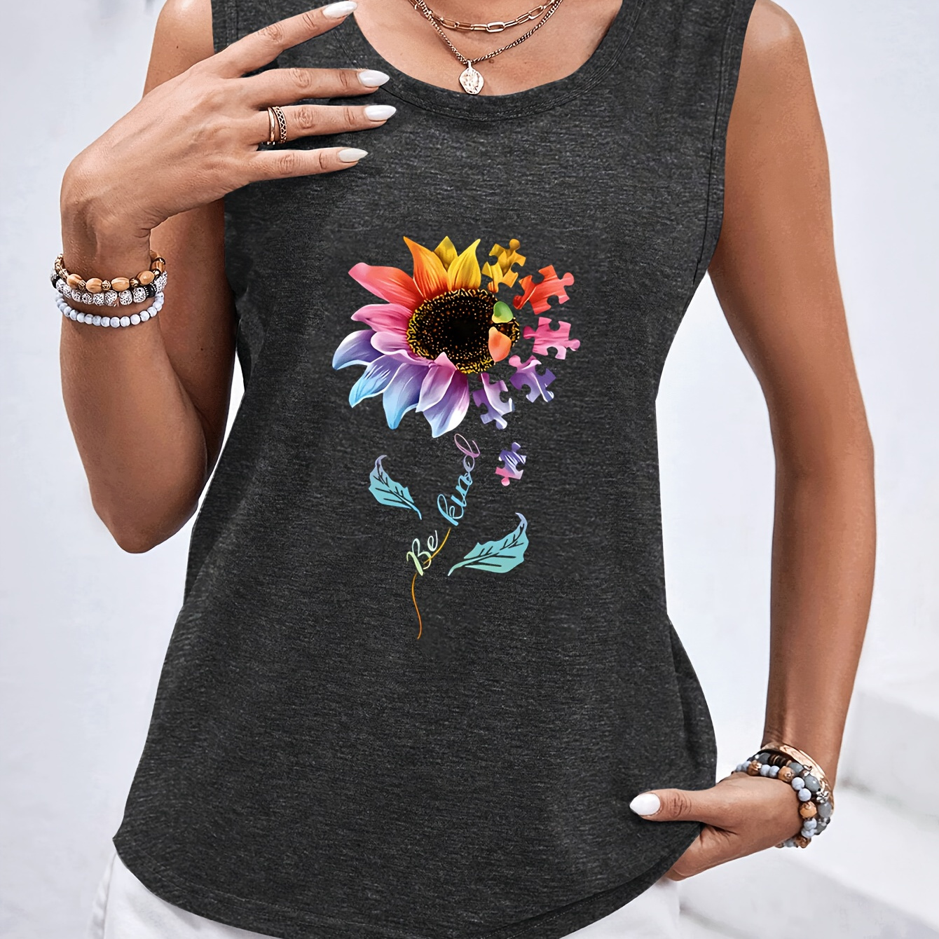 

Sunflower Print Crew Neck Tank Top, Casual Sleeveless Top For Summer & Spring, Women's Clothing