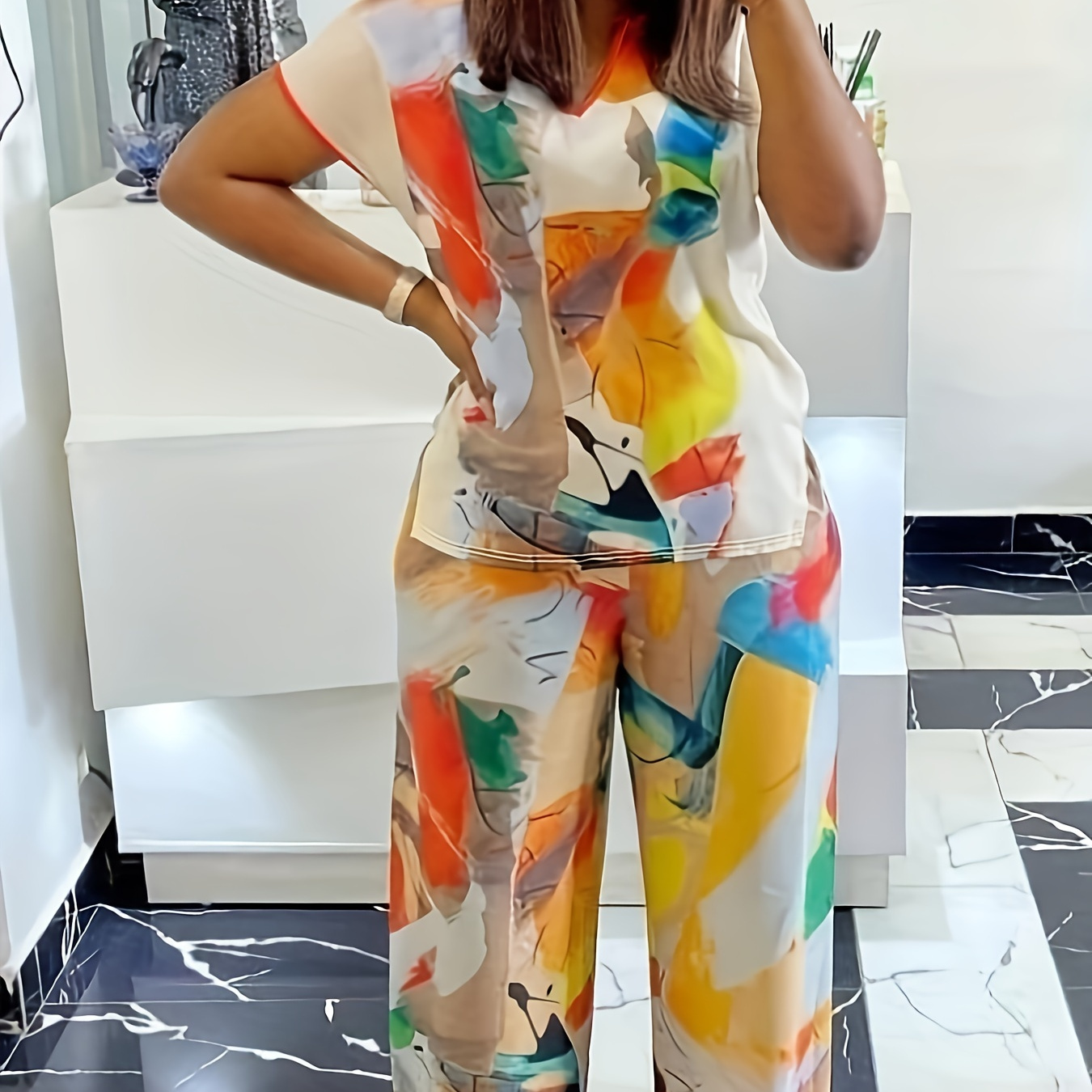 

Plus Size Colorful Print Two-piece Set, Crew Neck Short Sleeve Top & Wide Leg Pants Outfits, Women's Plus Size Clothing