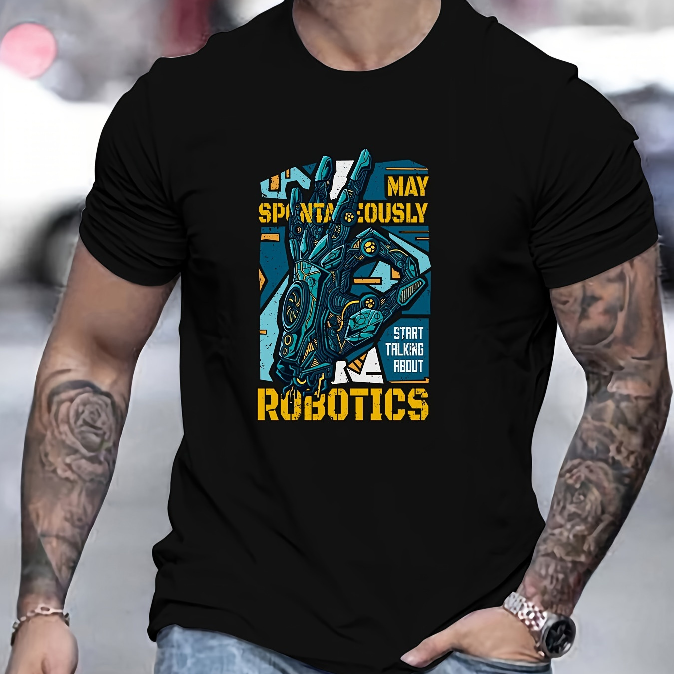 

Casual Robotics Print T-shirt, Trendy Cool Crew Neck Tees For Men, Short Sleeve T-shirt For Summer And Spring