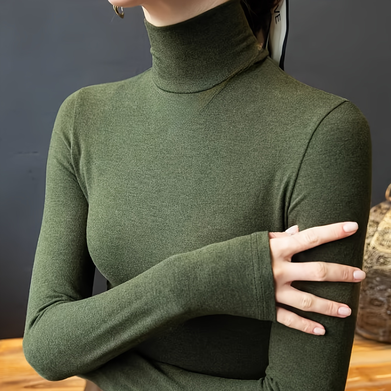 

Solid Turtle Neck Slim Pullover Top, Elegant Long Sleeve Inner Wear Thermal Sweater, Women's Clothing