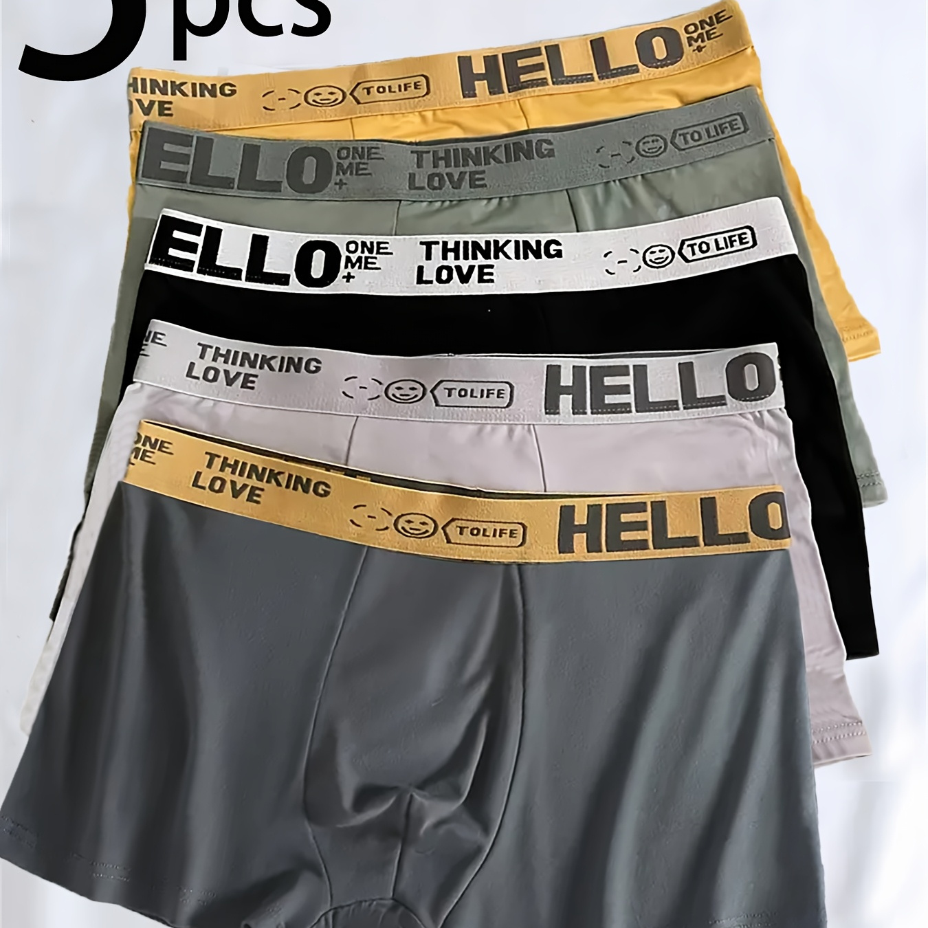 

5-pack Men's Polyester Boxer Briefs - 95% Polyester, 5% Spandex Knit Fabric With Medium Stretch, , Quick-dry, "hello" Print Underwear