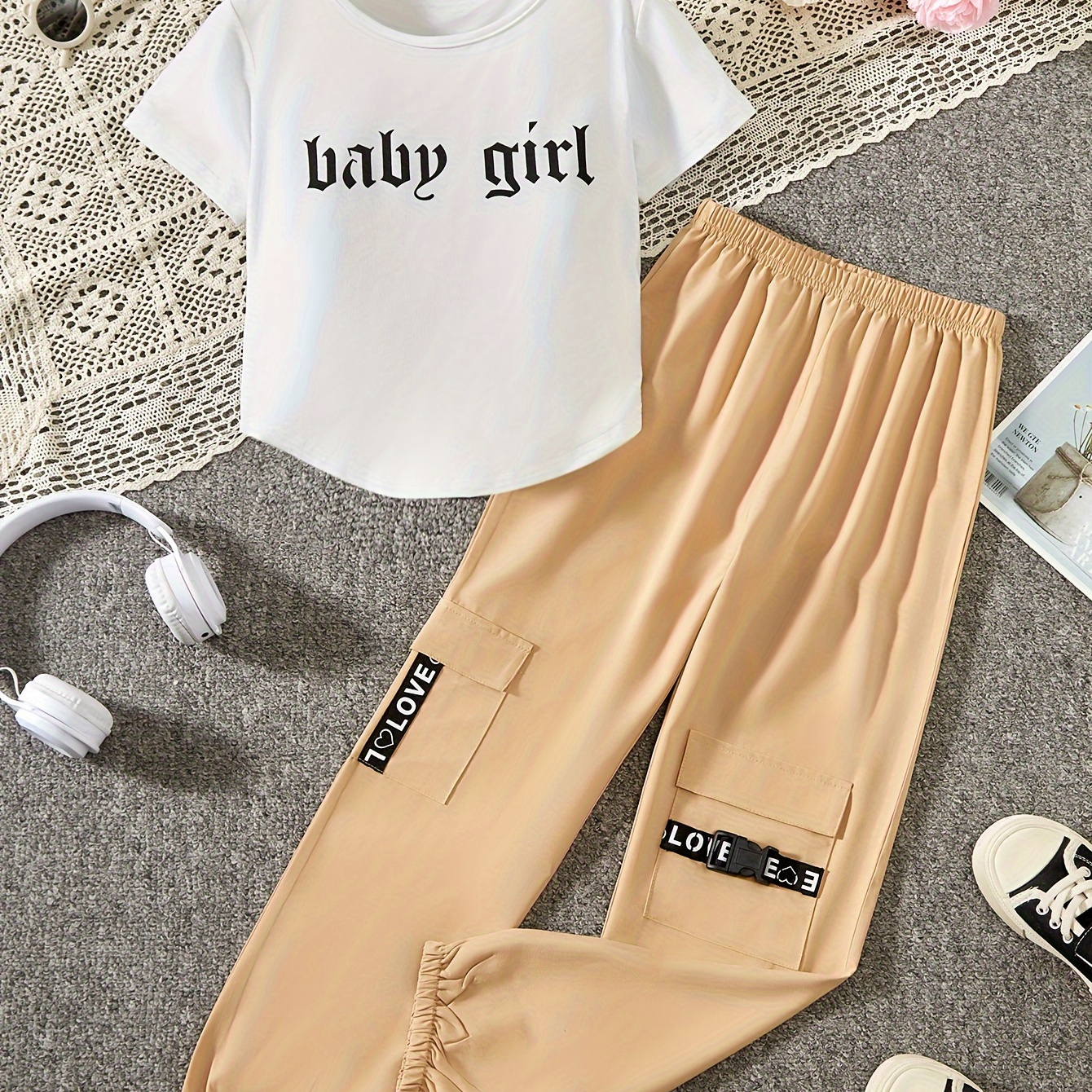 

Baby Girl Print 2pcs Girls Short Sleeve T-shirt + Cargo Pants Set Spring Summer Outdoor